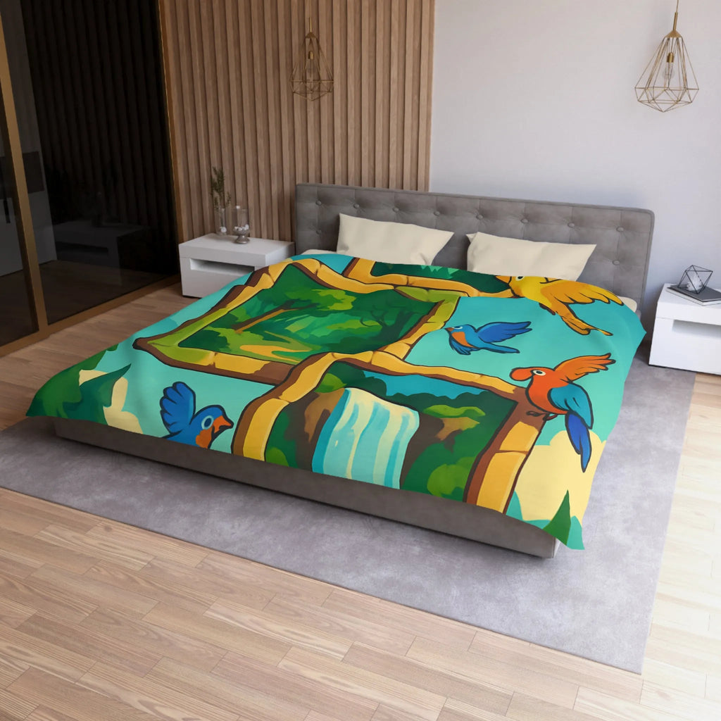 Housse de couette colorée avec oiseaux et scènes de nature paisible et dynamique