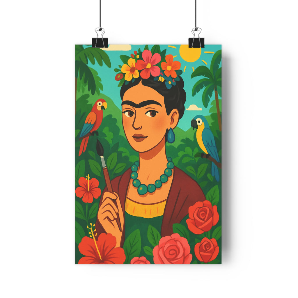 Poster décoratif femme fleurs perroquets colorés cartoon joyeux salon chambre artistique format 30x46 cm