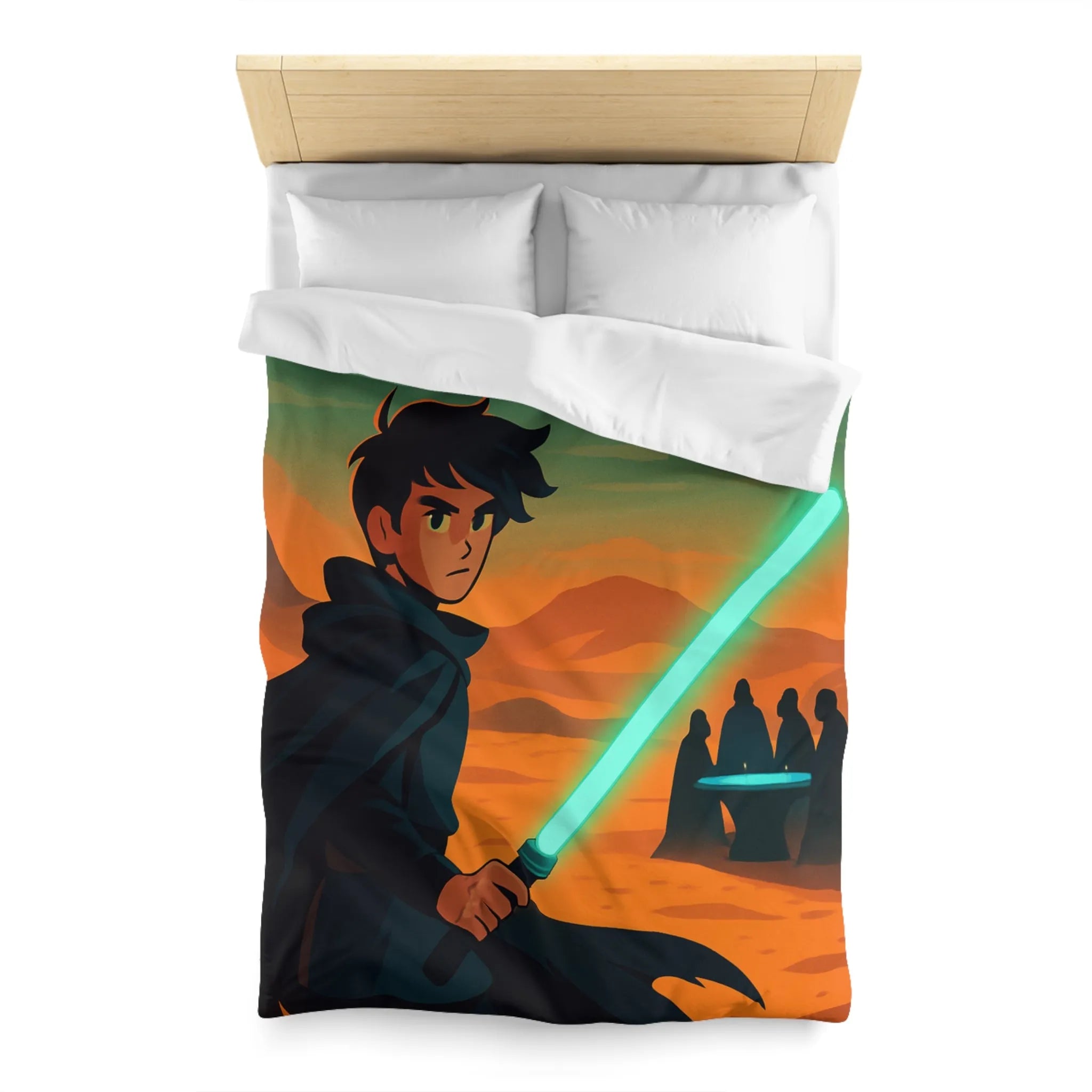 Épique scène de science-fiction avec héros sabre lumineux et vaisseau spatial en arrière-plan