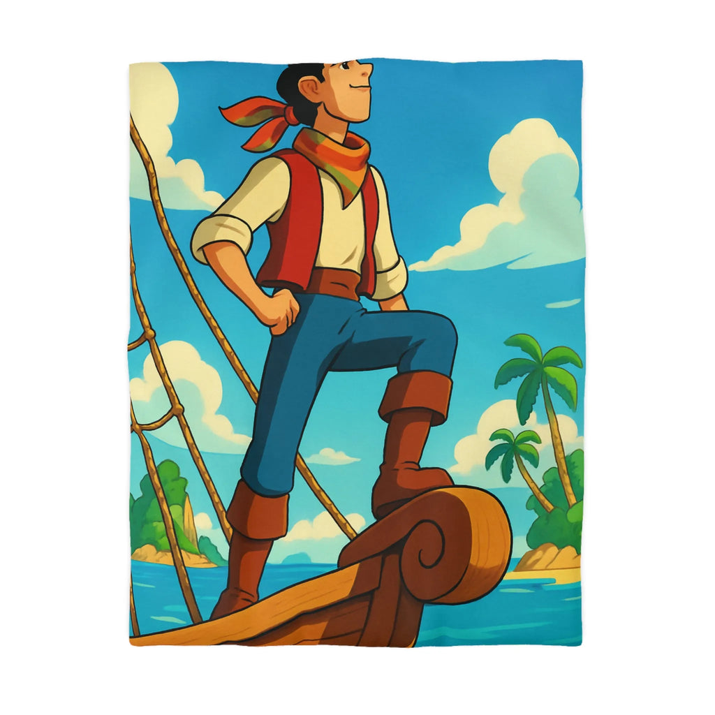 Housse de couette avec illustration de marin aventurier naviguant parmi palmiers et mer azur