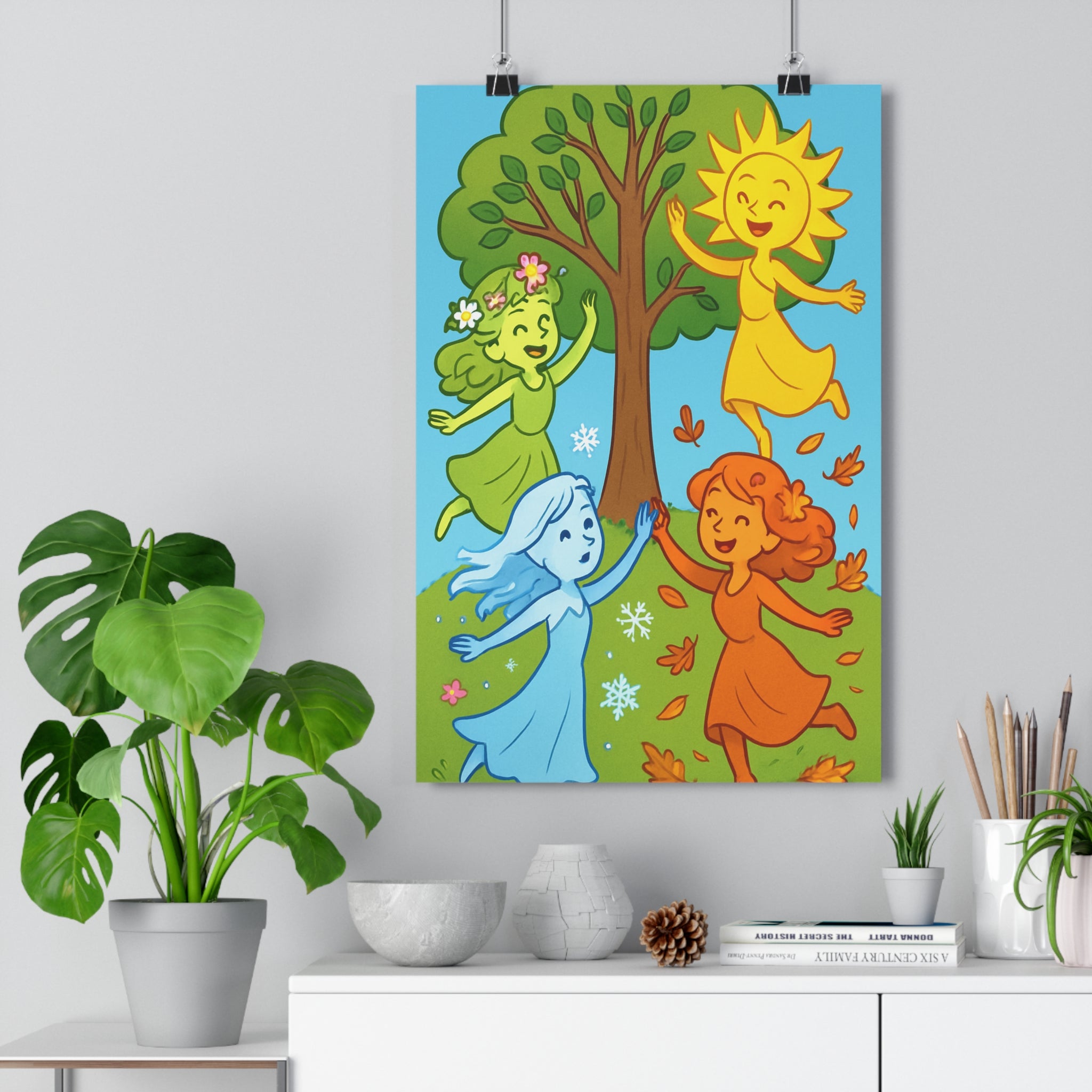 Poster décoratif coloré allégorique joyeux saisonnier vert jaune orange bleu dessin animé chambre qualité