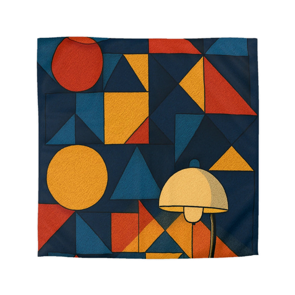 Housse de couette géométrique moderne multicolore avec motifs rétro et ambiance chaleureuse éclairée