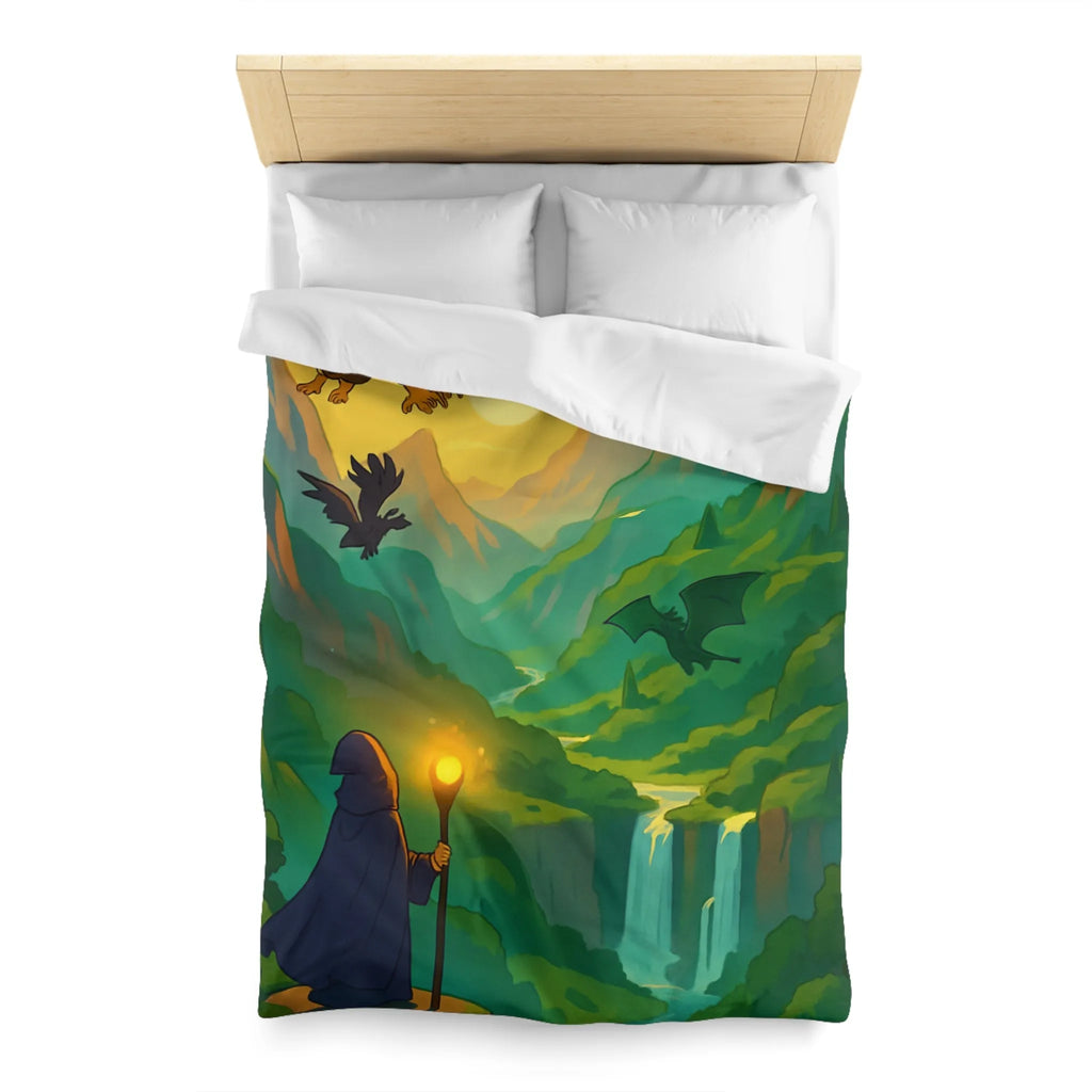 Épopée fantastique avec dragon et sorcier dans vallée mystique pour chambre aventureuse