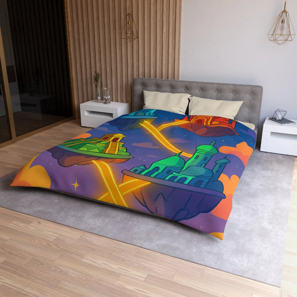 Housse de couette colorée avec design fantastique de villes flottantes lumineuses et oniriques