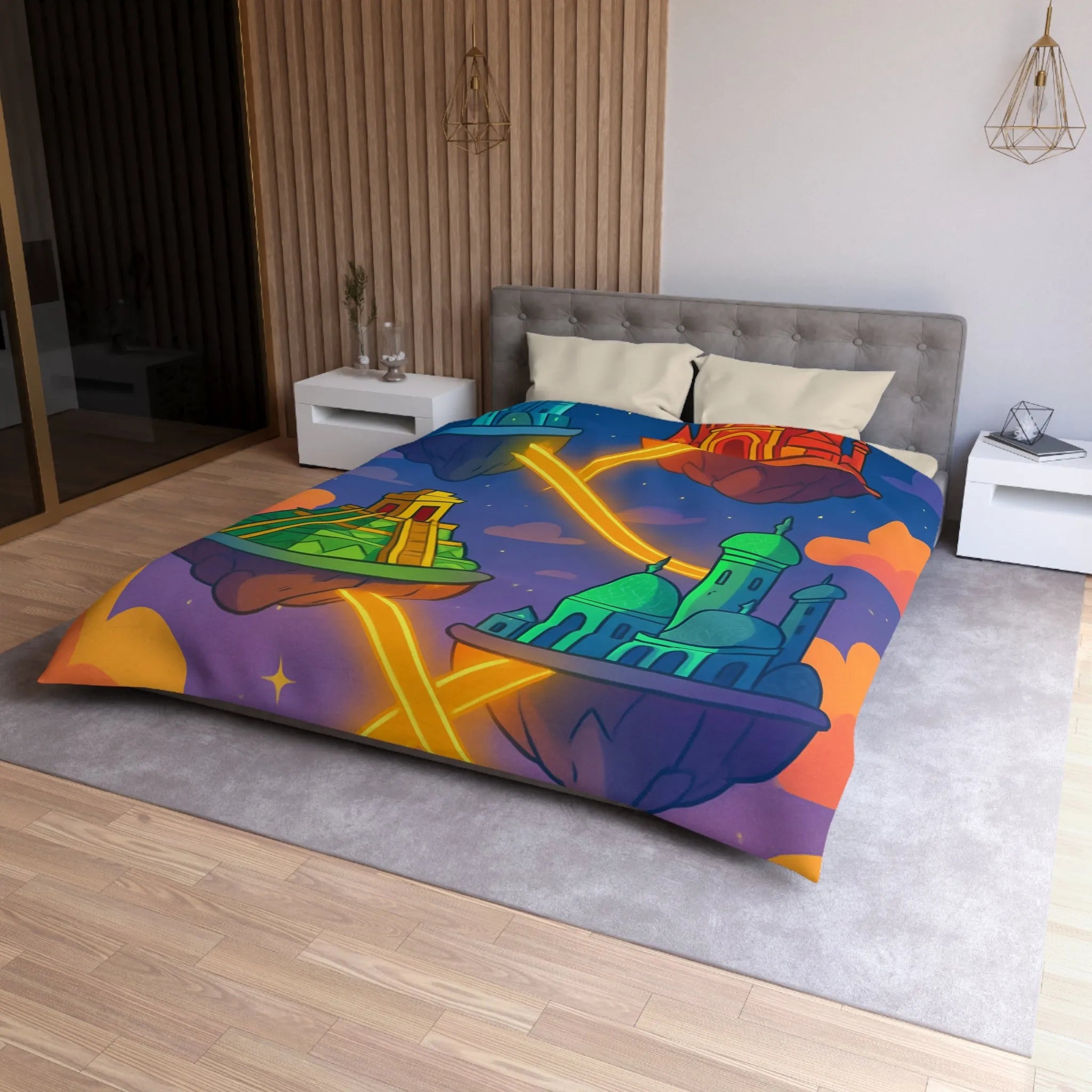 Housse de couette colorée avec design fantastique de villes flottantes lumineuses et oniriques