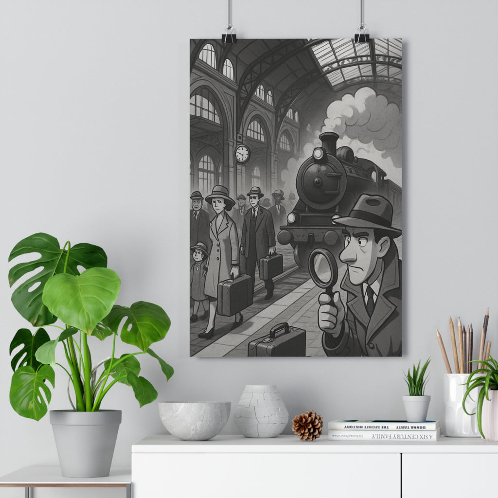 Poster décoratif vintage noir blanc aventure mystère gare salon bureau enquête vapeur style élégant
