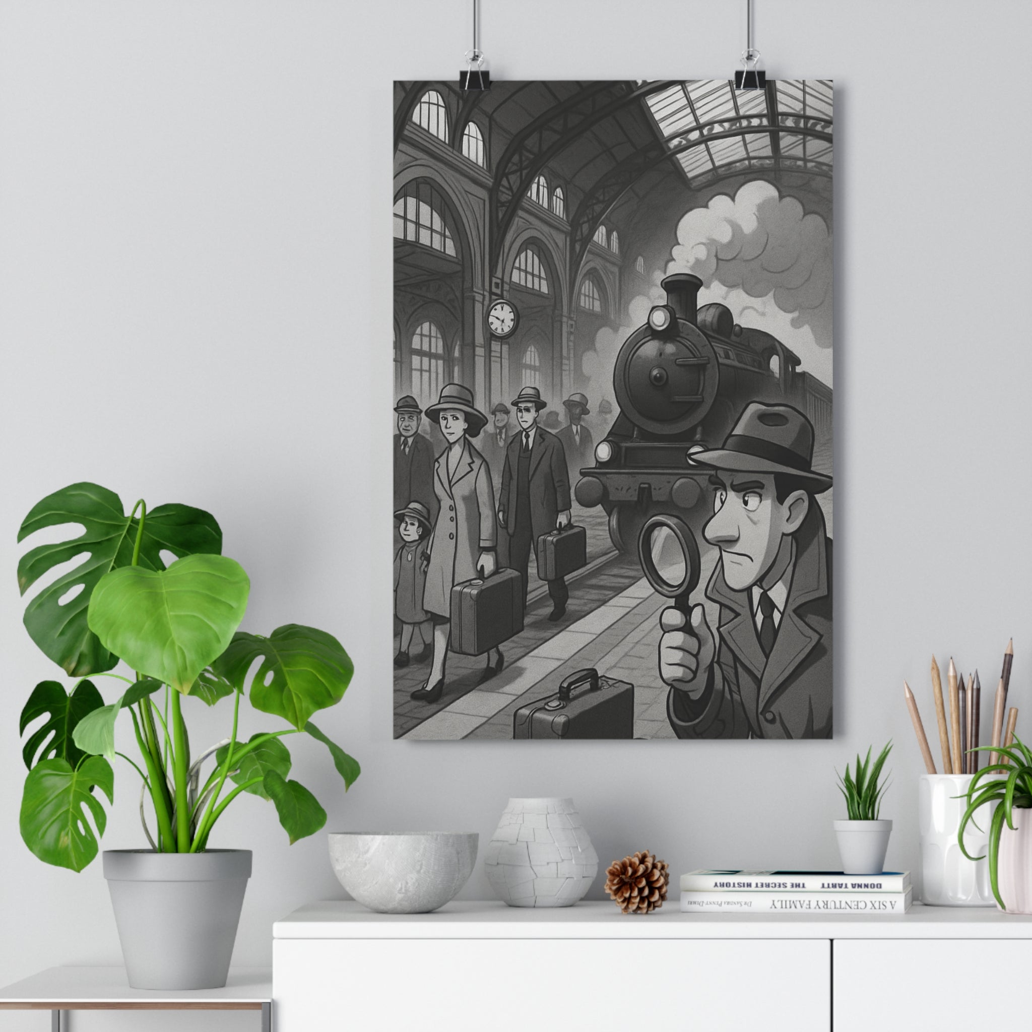Poster décoratif vintage noir blanc aventure mystère gare salon bureau enquête vapeur style élégant