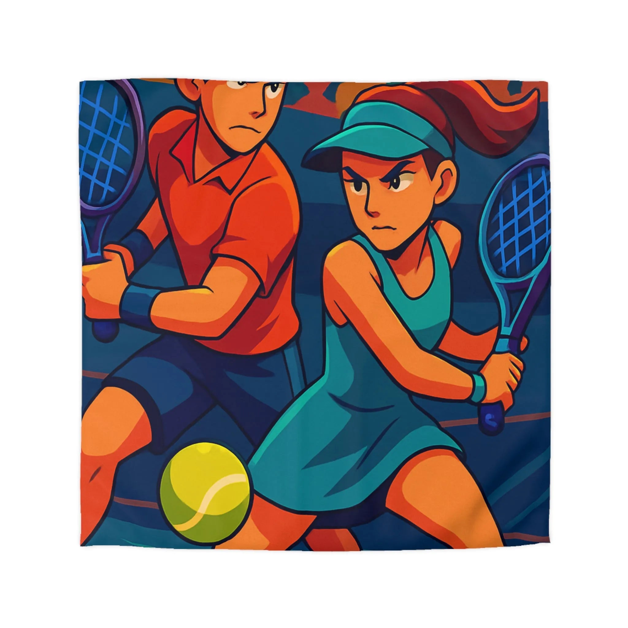 Housse de couette dynamique avec joueurs de tennis en style vectoriel coloré et moderne