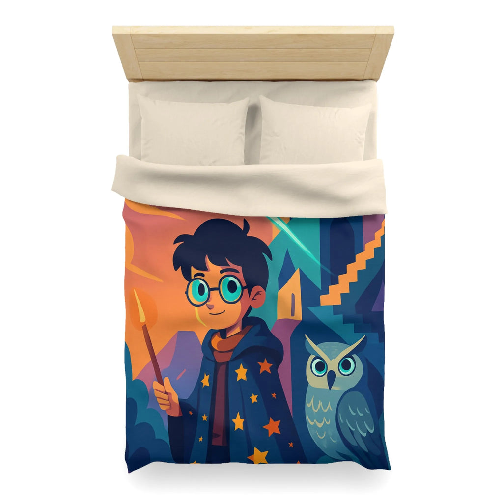 Housse de couette magique avec motif de garçon sorcier et hibou lumineux
