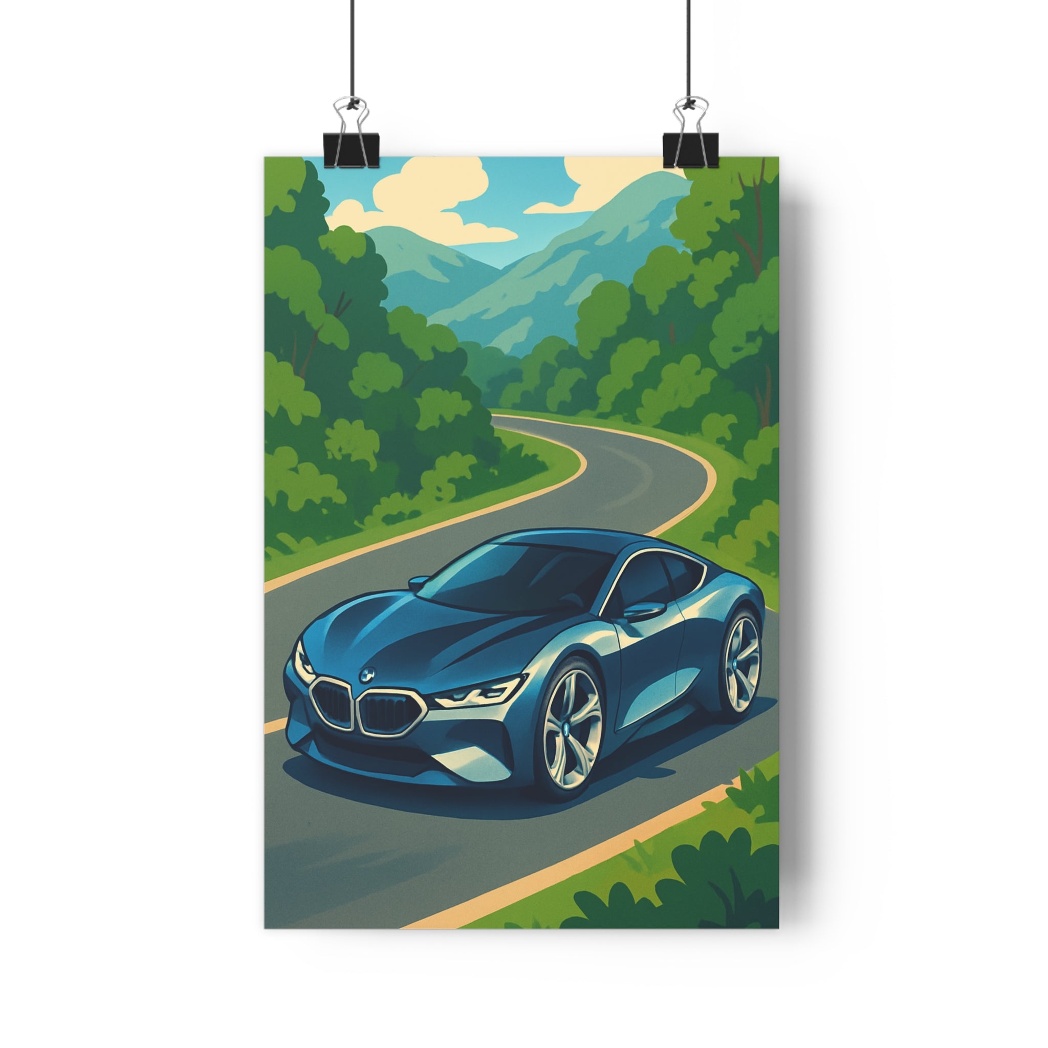 Poster décoratif voiture bleue cartoon dynamique salon bureau moderne élégant vibrant nature 30x46 montagnes