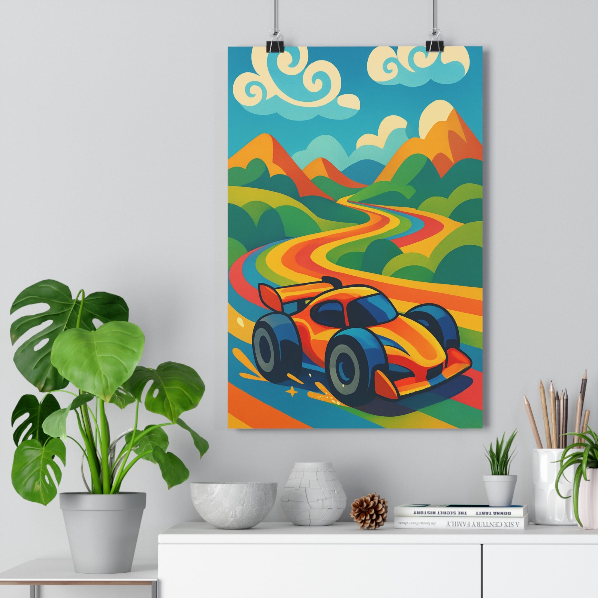 Poster décoratif voiture course dynamique arcenciel cartoon joyeux chambre salon enfant coloré vibrant qualité