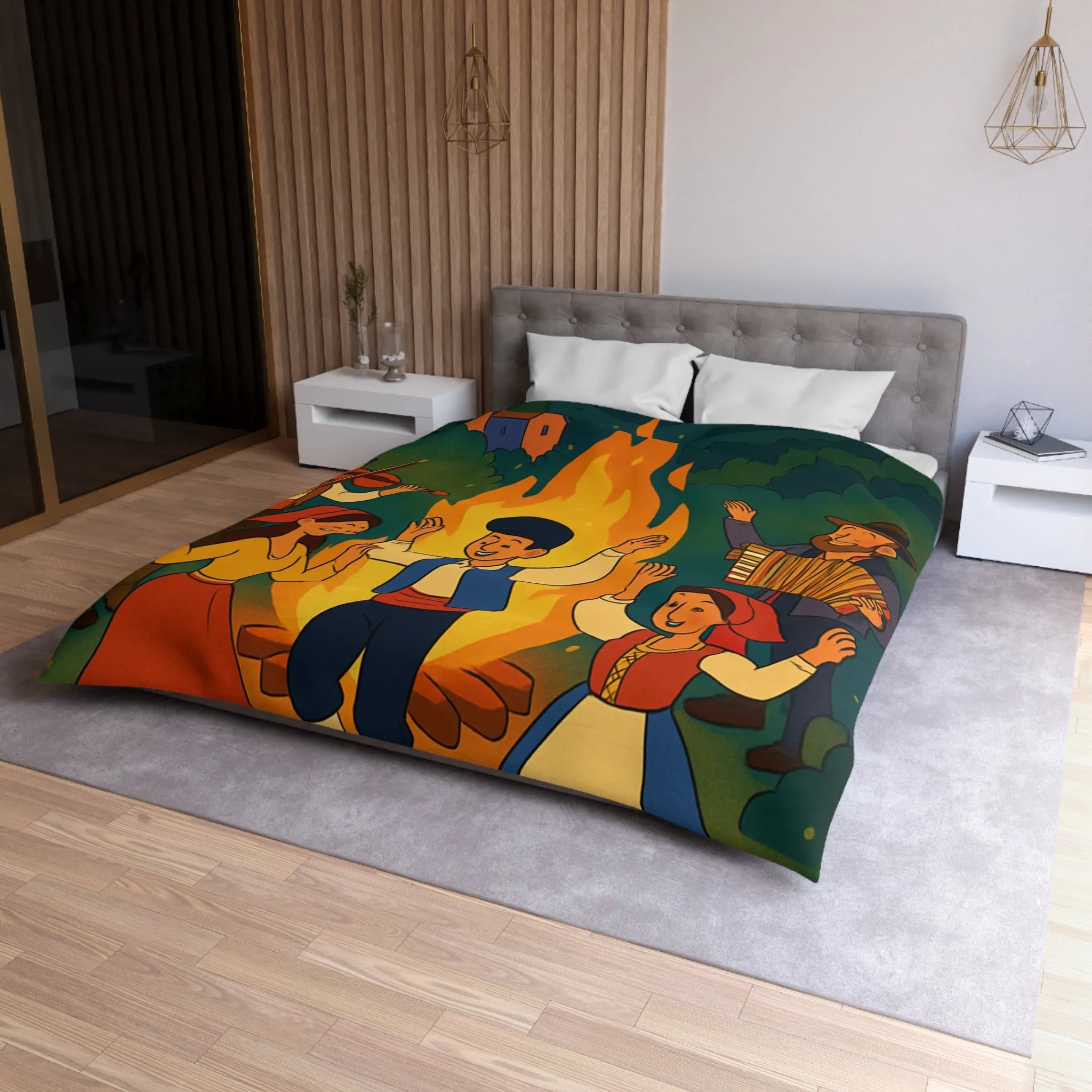 Housse de couette colorée danse folklorique autour du feu avec musiciens traditionnels