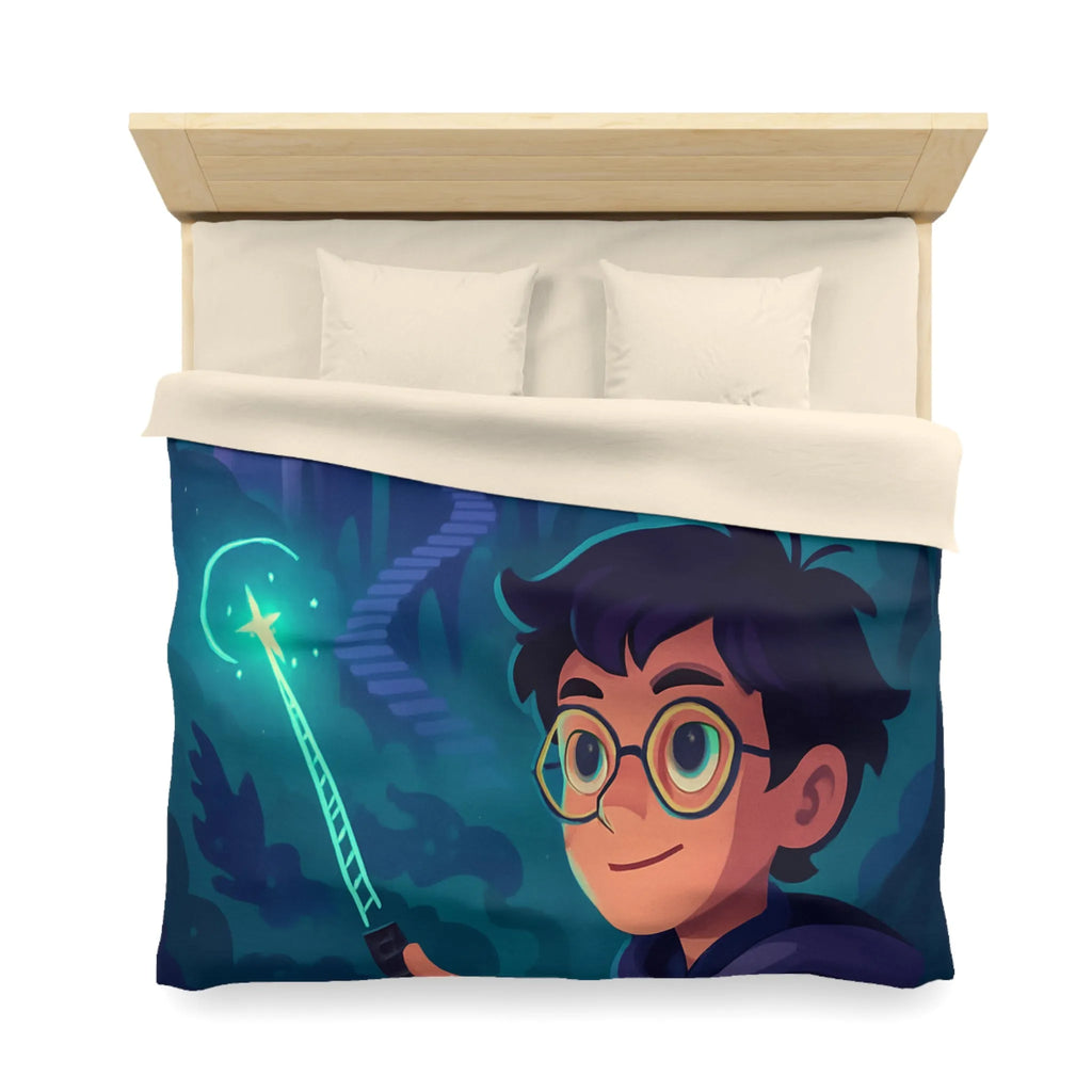 Housse de Couette Magique avec Enfant, Baguette Lumineuse et Chouette en Nuit Mystique