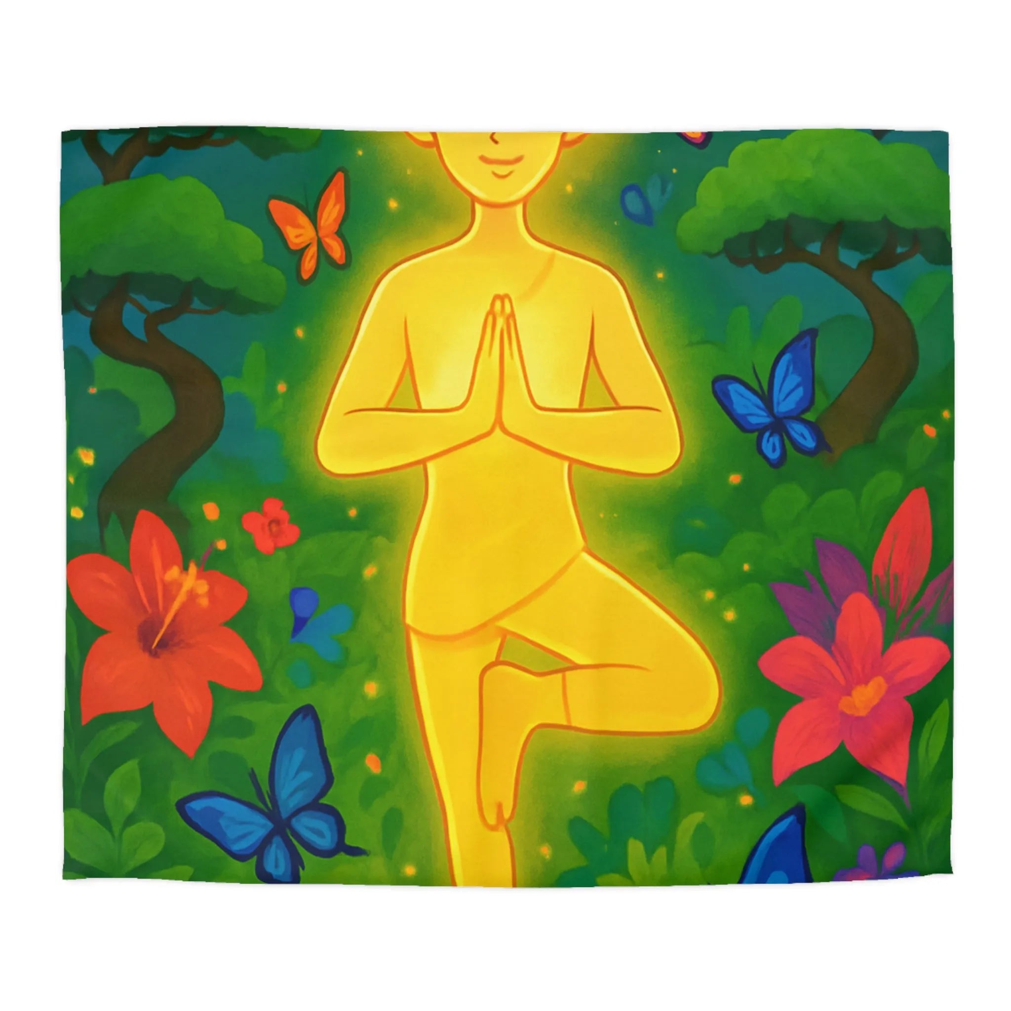 Housse de Couette avec Design Méditatif et Papillons Multicolores en Forêt Luxuriante