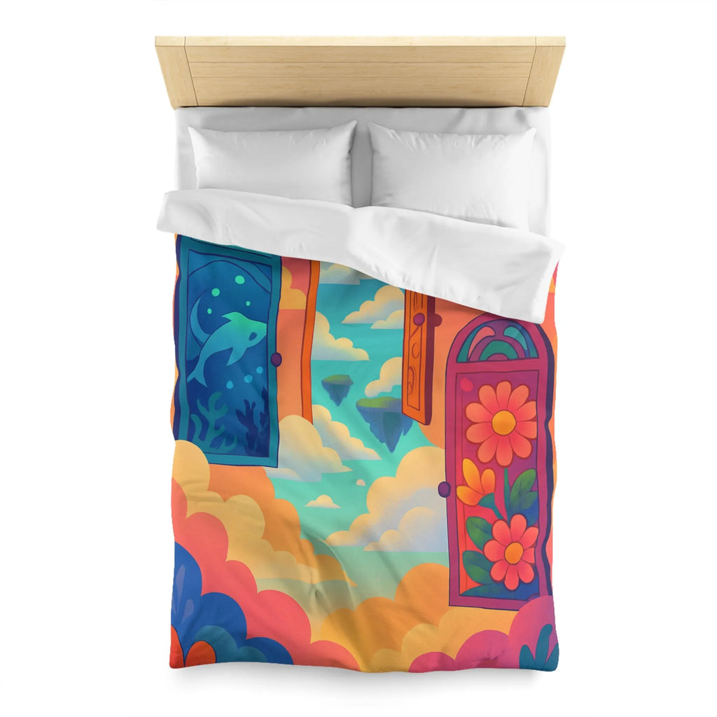 Housse de couette colorée avec trois portes magiques et paysages oniriques enchanteurs