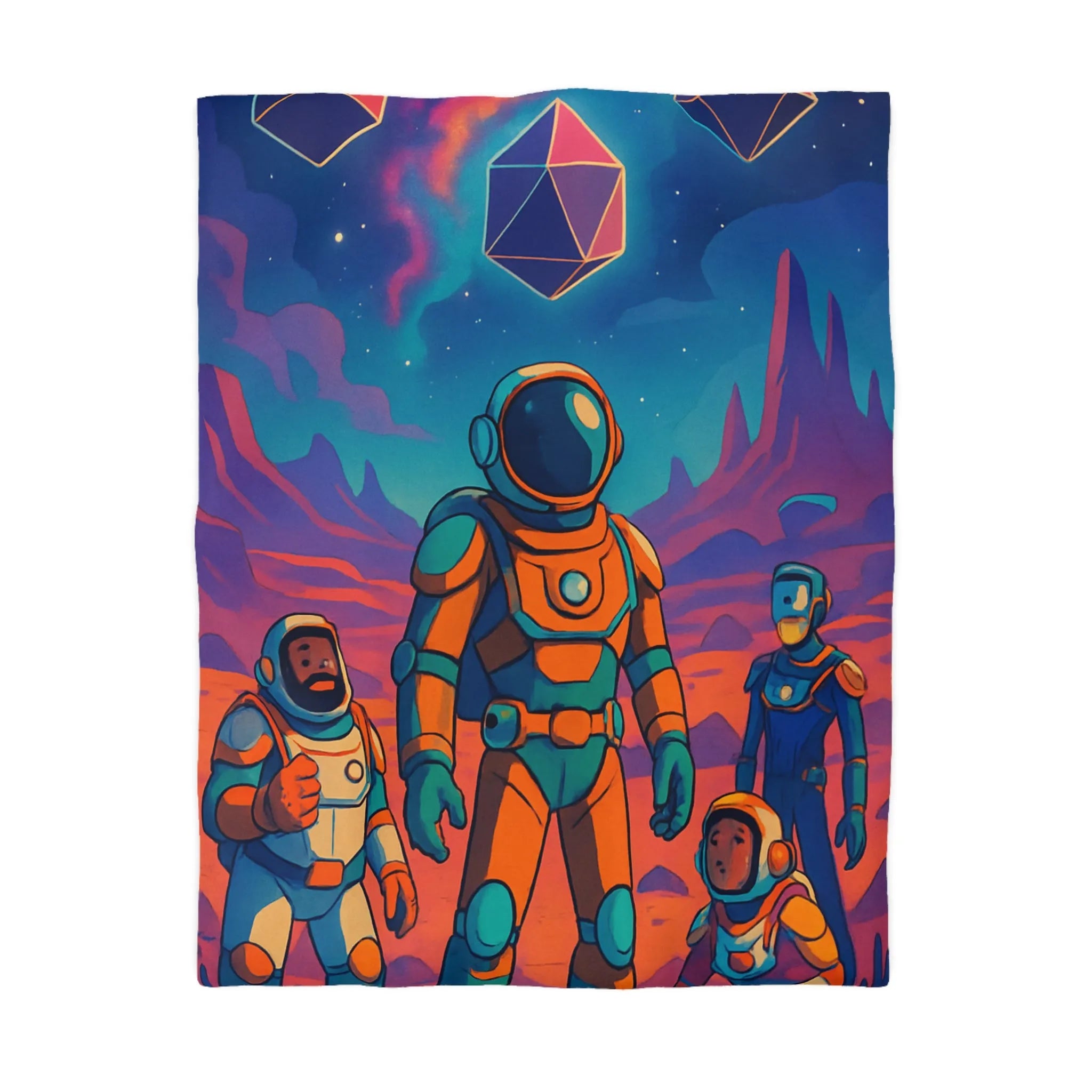 Housse de couette avec des astronautes et formes géométriques sous ciel étoilé coloré