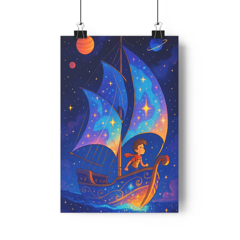 Poster décoratif espace étoilé bleu violet cartoon mystique chambre enfant aventure rêve artistique ambiance