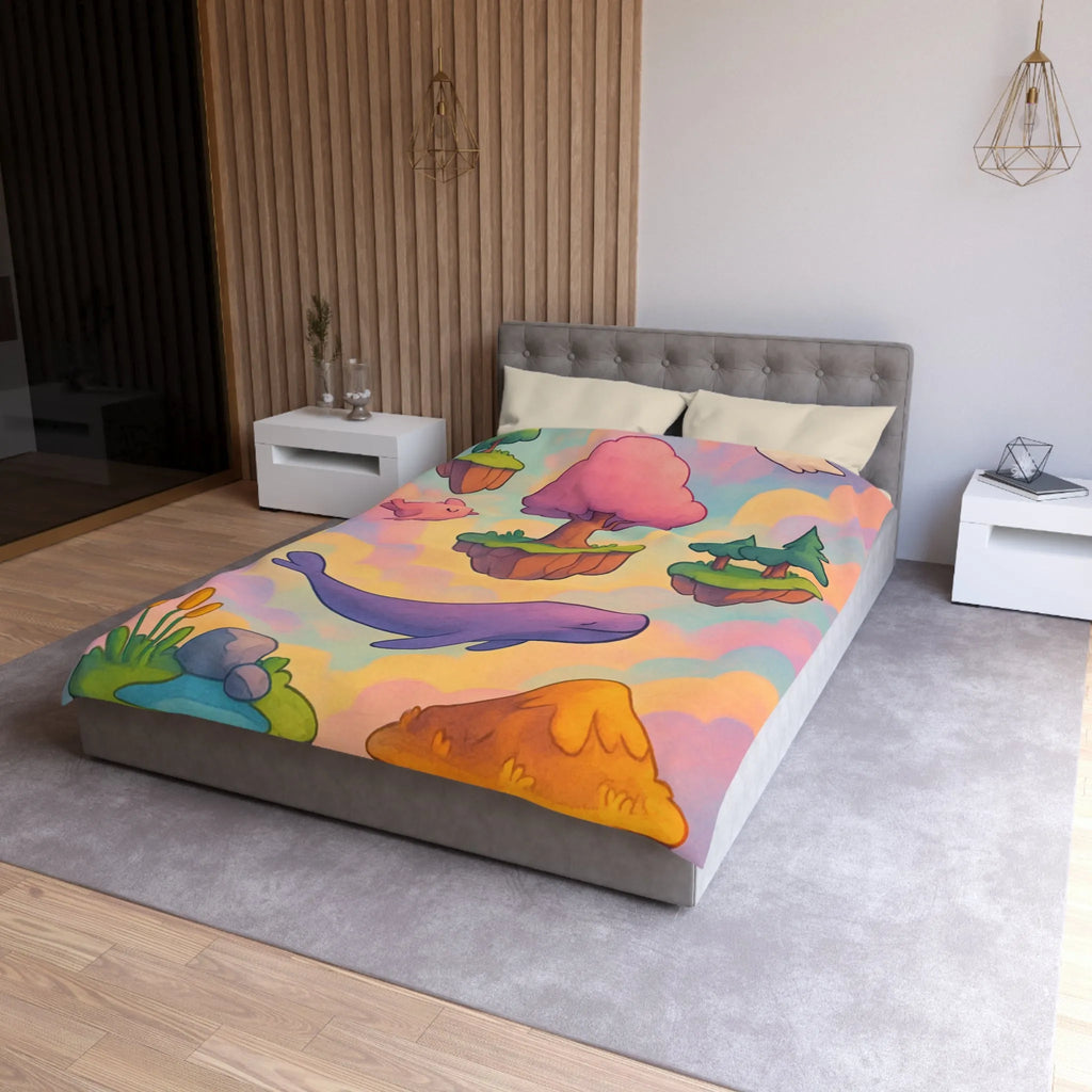 Housse de couette avec îles flottantes et créatures rêveuses dans un ciel magique