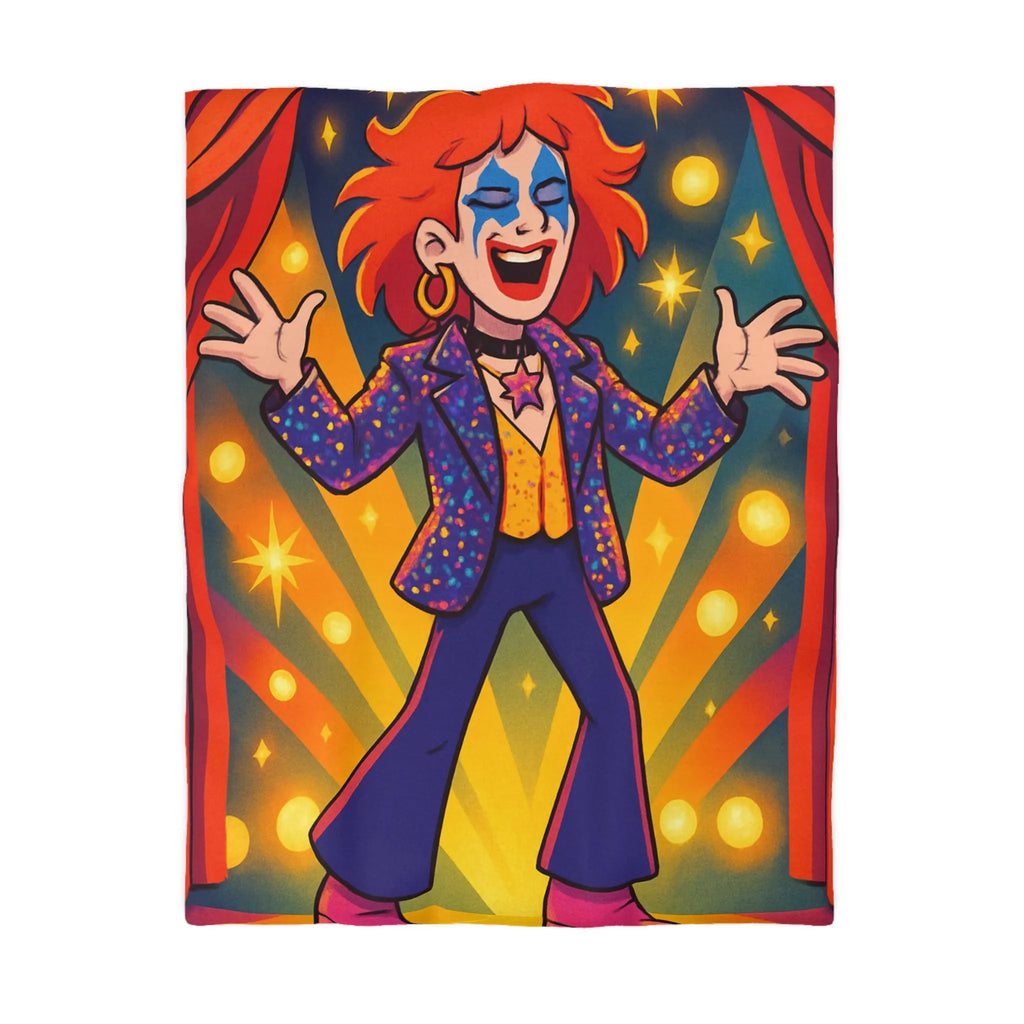Housse de couette colorée avec personnage énergique sur scène, étoiles et rideaux rouges