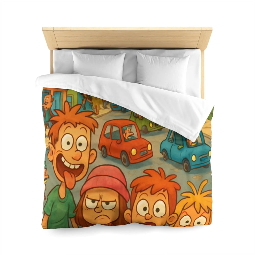 Housse de couette enfants joyeuse ville animée avec personnages colorés et expressions vives