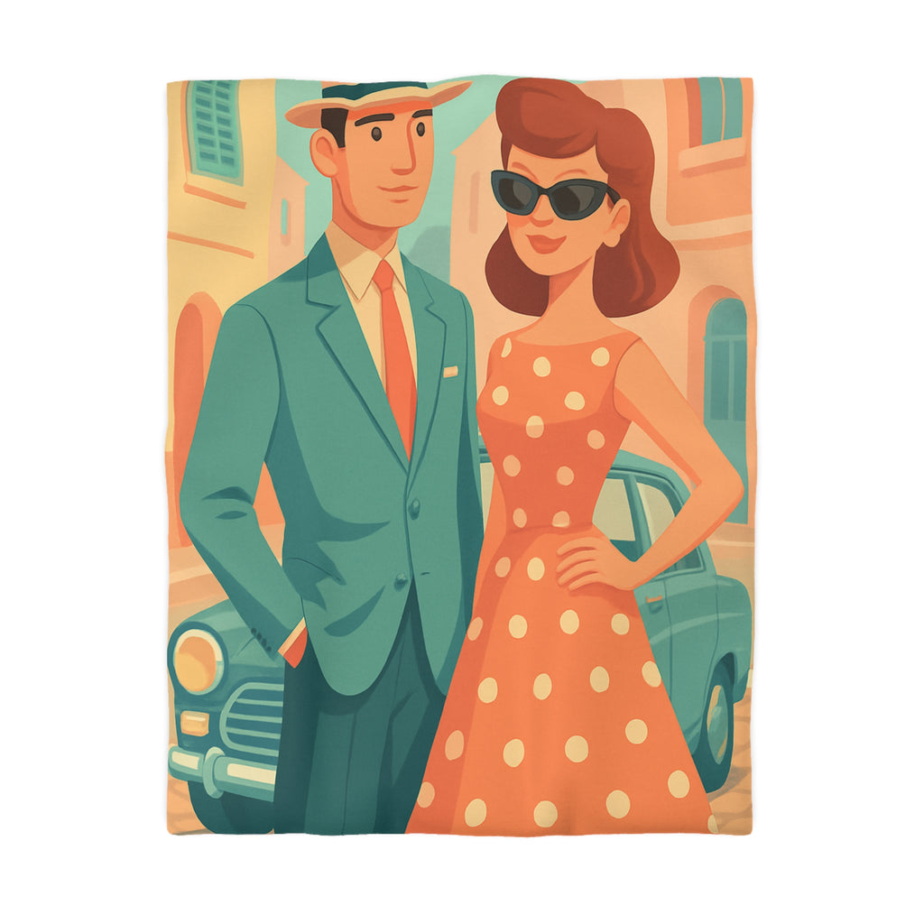 Housse de couette vintage rétro avec couple élégant en habits années 50 chic