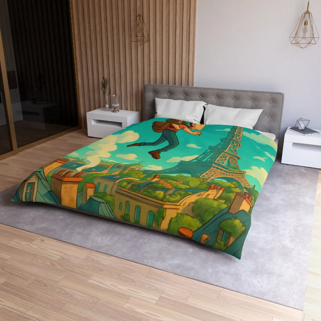 Enchanted Parisian Flight: Kid Floating Above Cityscape with Umbrella and Backpack