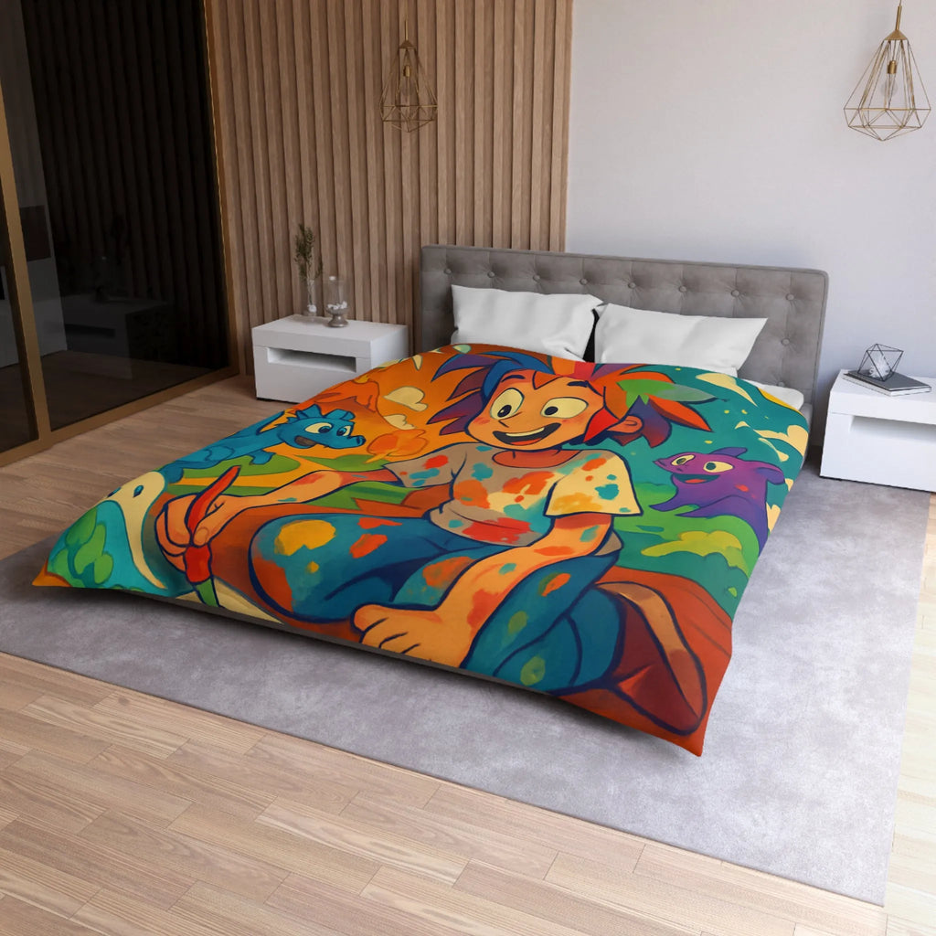 Housse de couette colorée illustrée avec enfant créatif et créatures fantastiques joyeuses