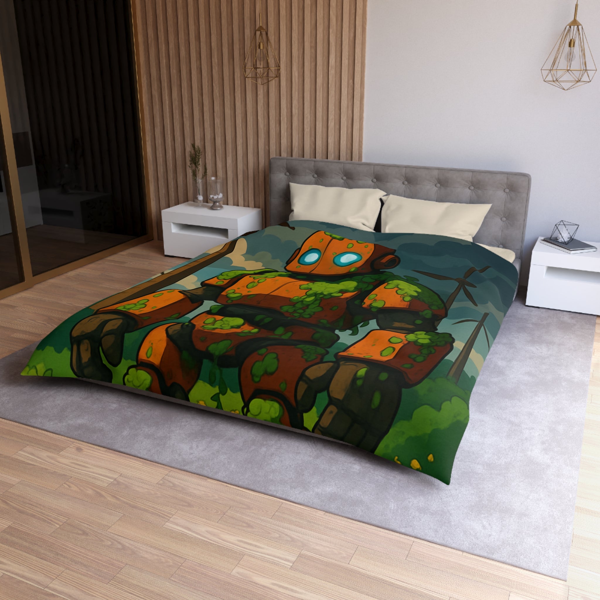 Housse de couette robot et éoliennes, motif nature et technologie, ambiance verte apaisante
