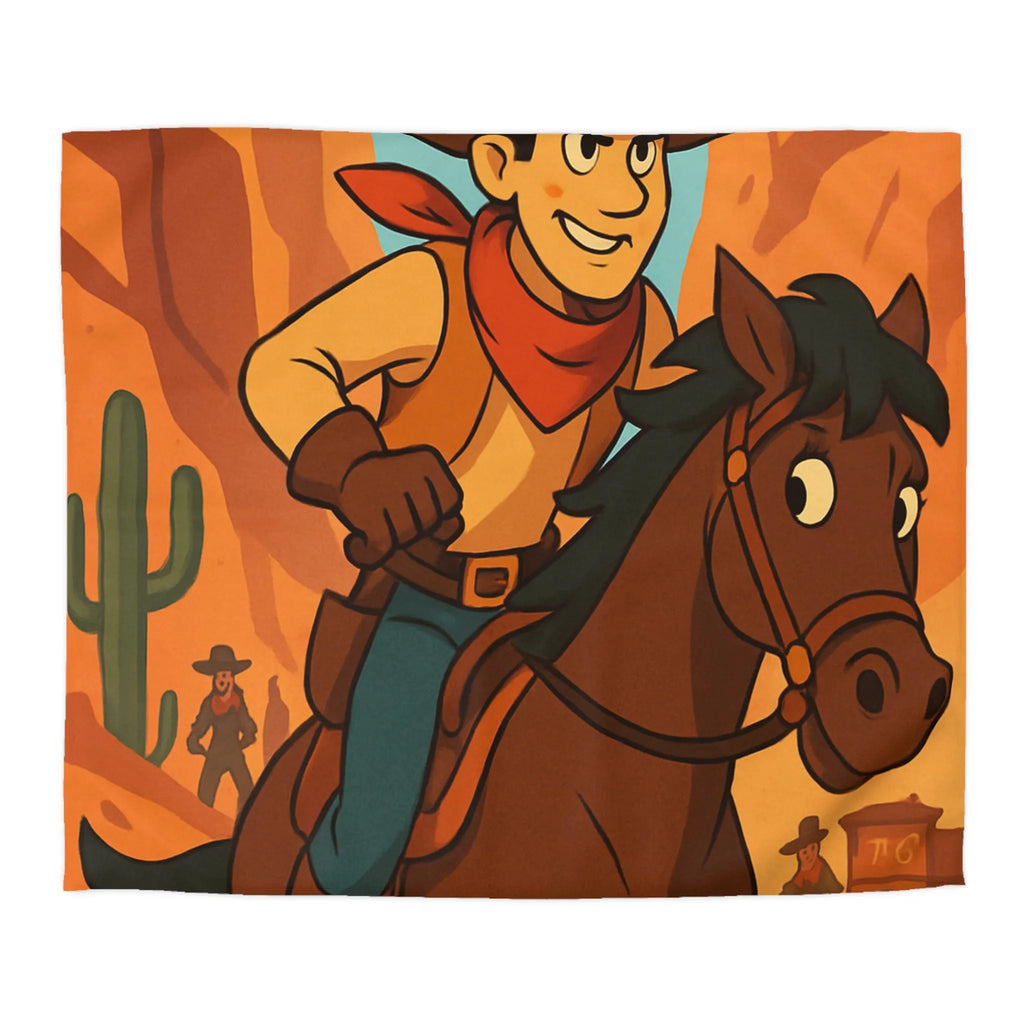 Housse de couette avec cavalier de dessin animé dans paysage désertique occidental