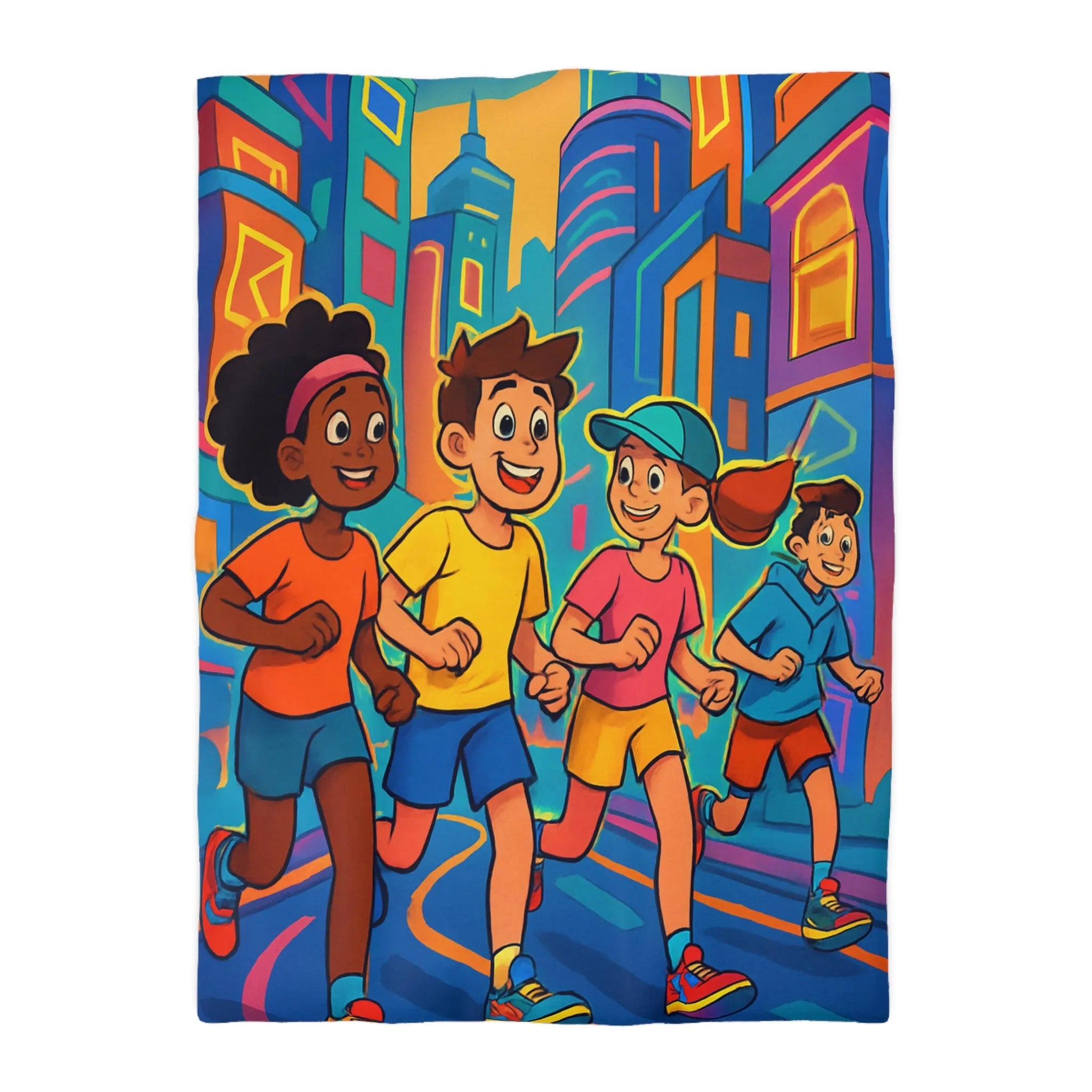 Ensemble d'enfants colorés courant en ville, illustration dynamique pour housse de couette vive