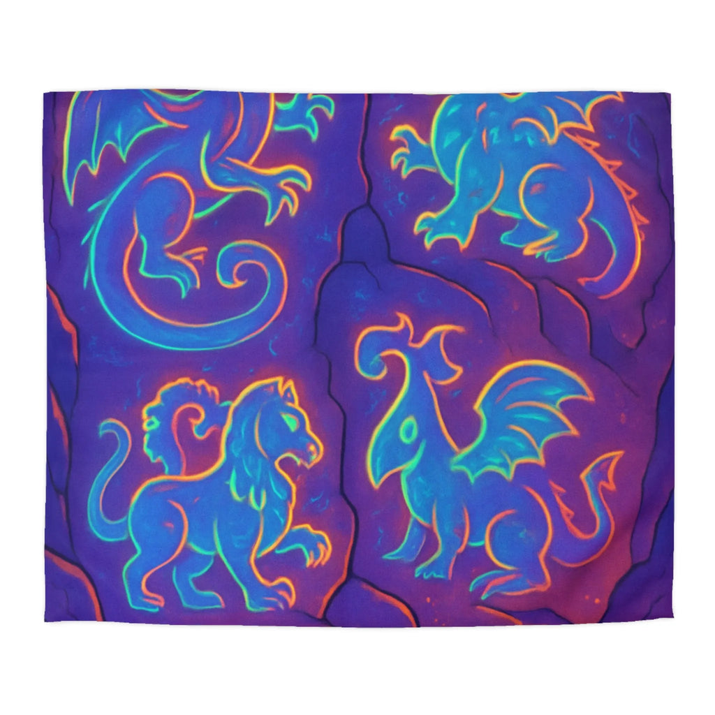 Housse de Couette Fantastique avec Dragons Lumineux en Style Néon Bleu et Orange