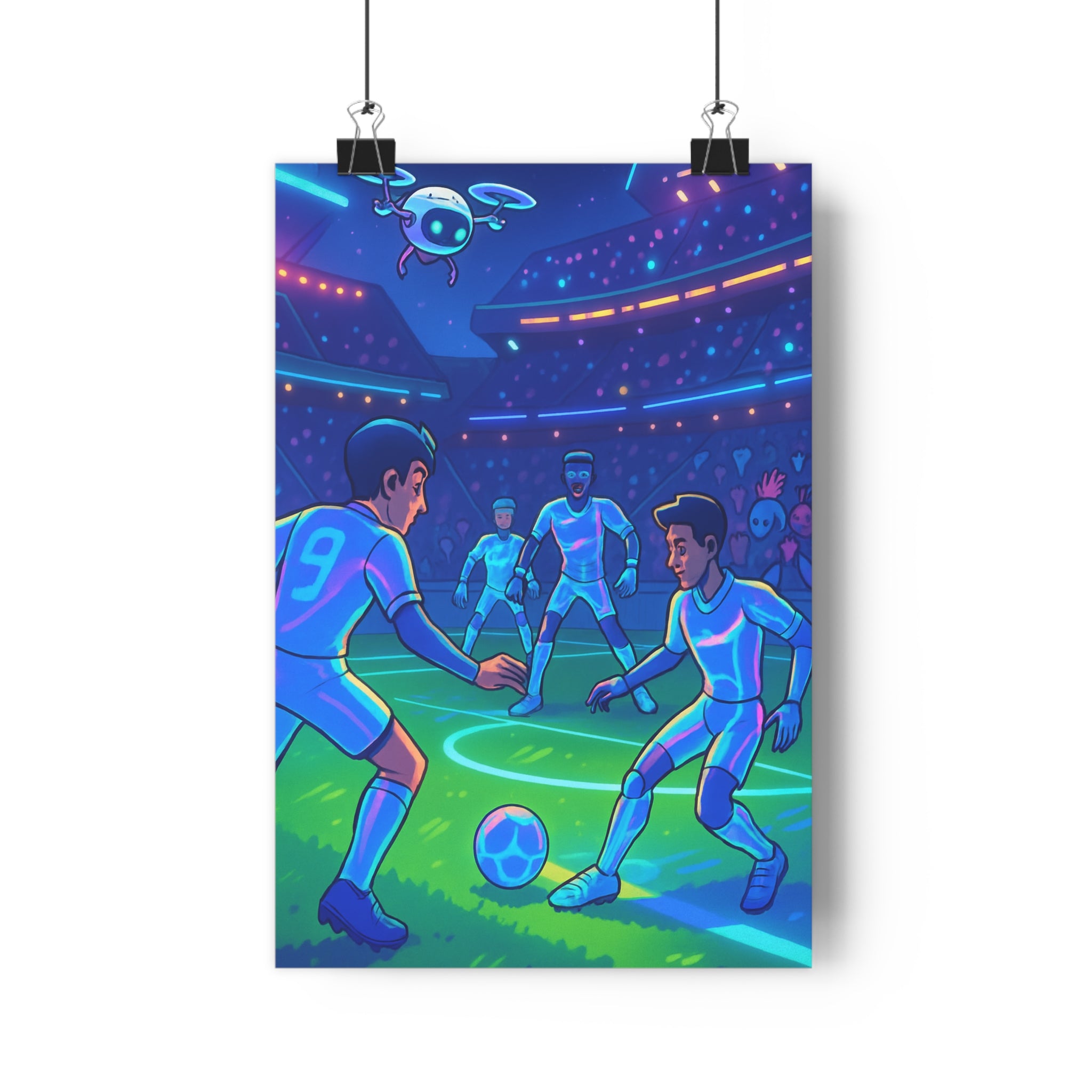 Poster décoratif football futuriste néon cyberpunk dynamique moderne chambre enfant vibrant action anticipation vibrant