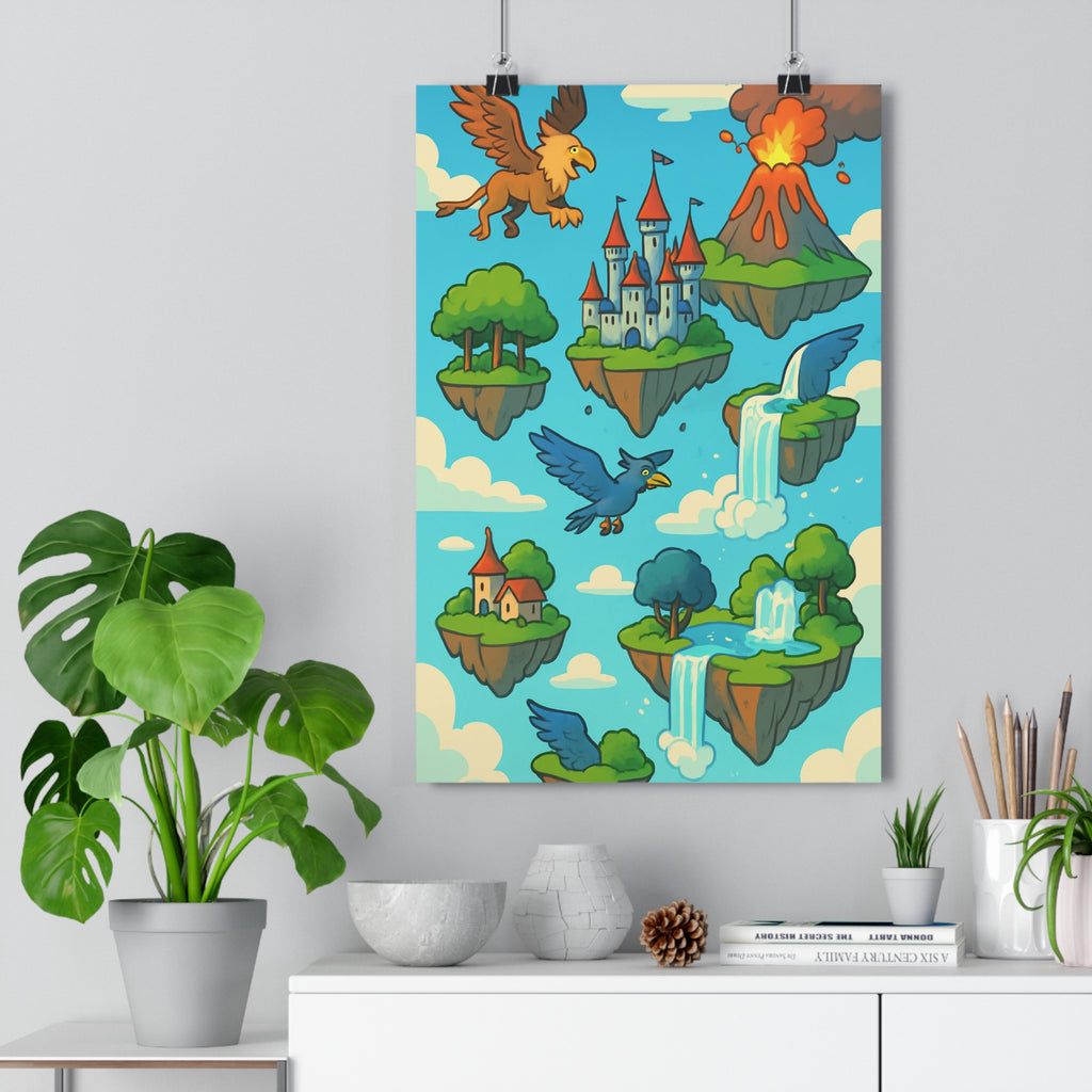 Poster décoratif chambre enfant fantastique dessin animé îles volantes créatures magiques aventure couleurs pastel