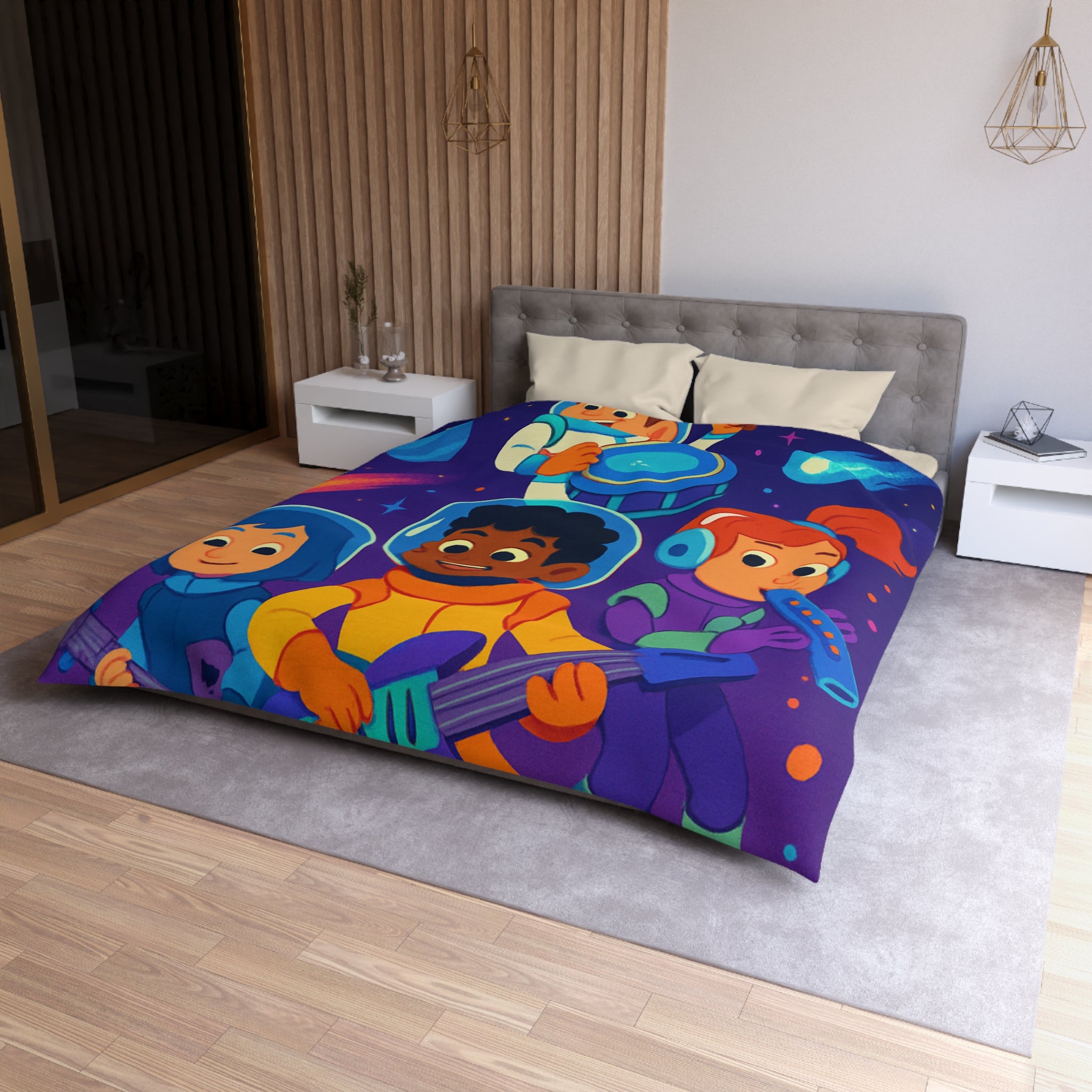 Housse de couette spatiale colorée avec enfants musiciens et planètes virevoltantes