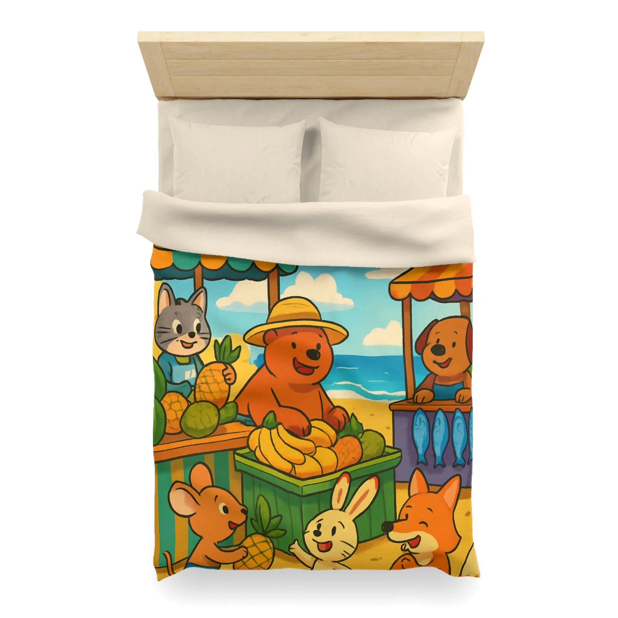 Housse de couette enfant avec animaux mignons sur plage et étals de fruits