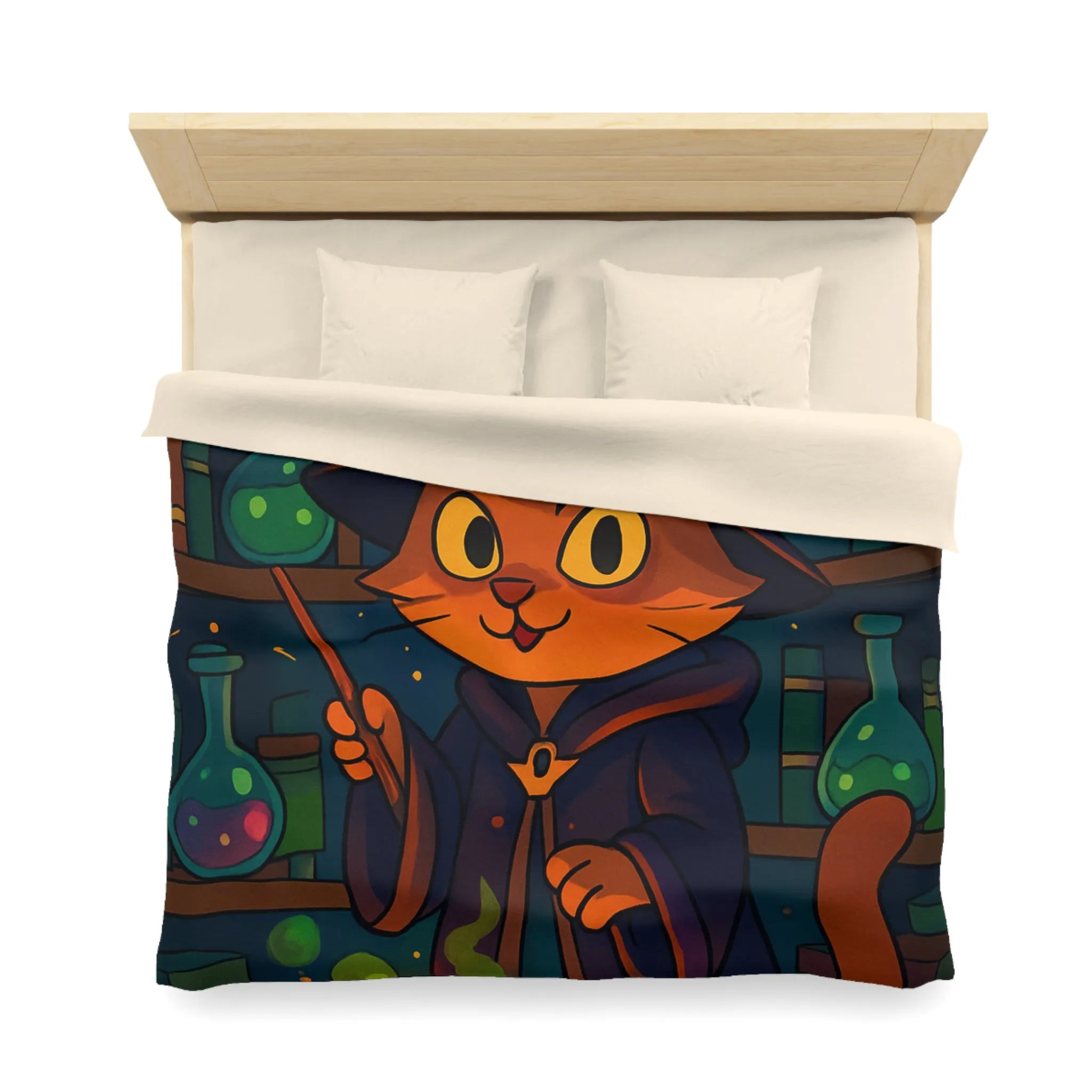 Housse de couette féline magique avec chat sorcier et chaudron dans bibliothèque colorée