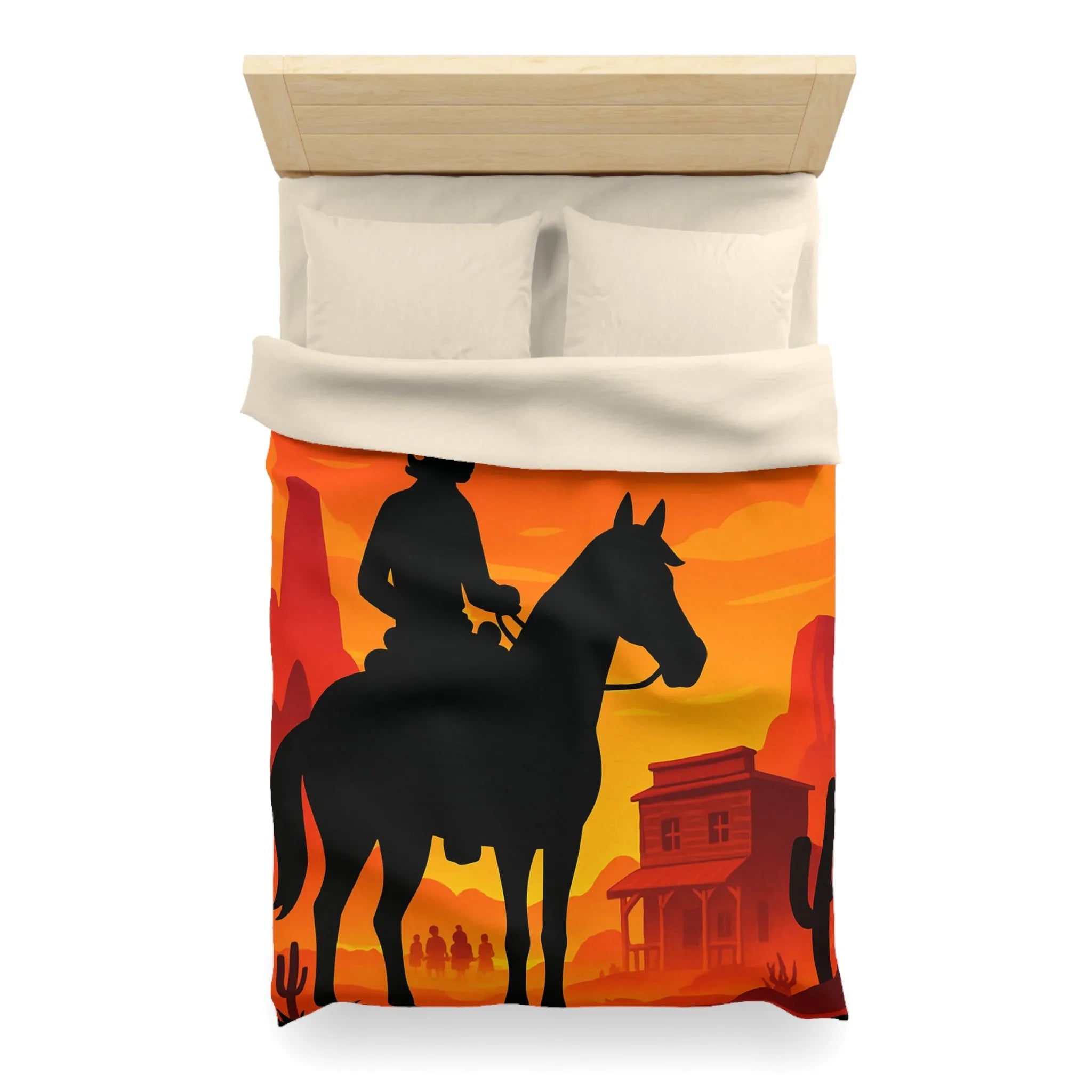 Housse de couette Far West cavalier cheval silhouette coucher de soleil scène désertique