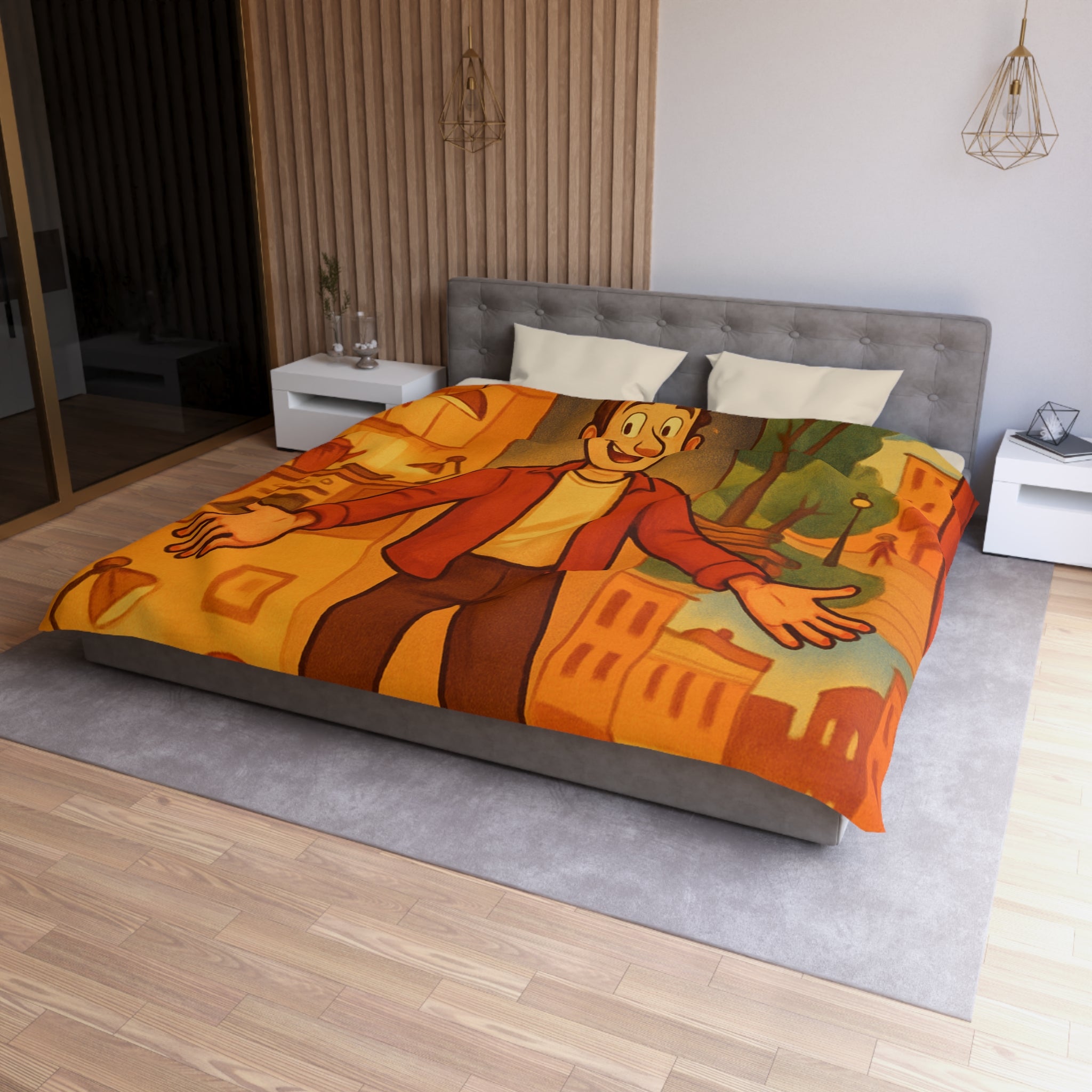 Housse de Couette Théâtrale avec Scène d'Intérieur et Extérieur Ville Colorée