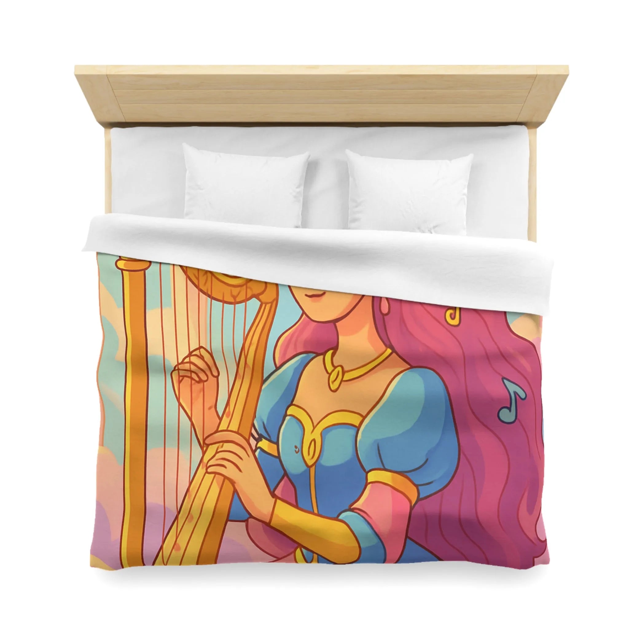 Housse de Couette Magique Princesse Jouant Harpe avec Oiseaux et Papillons Colorés