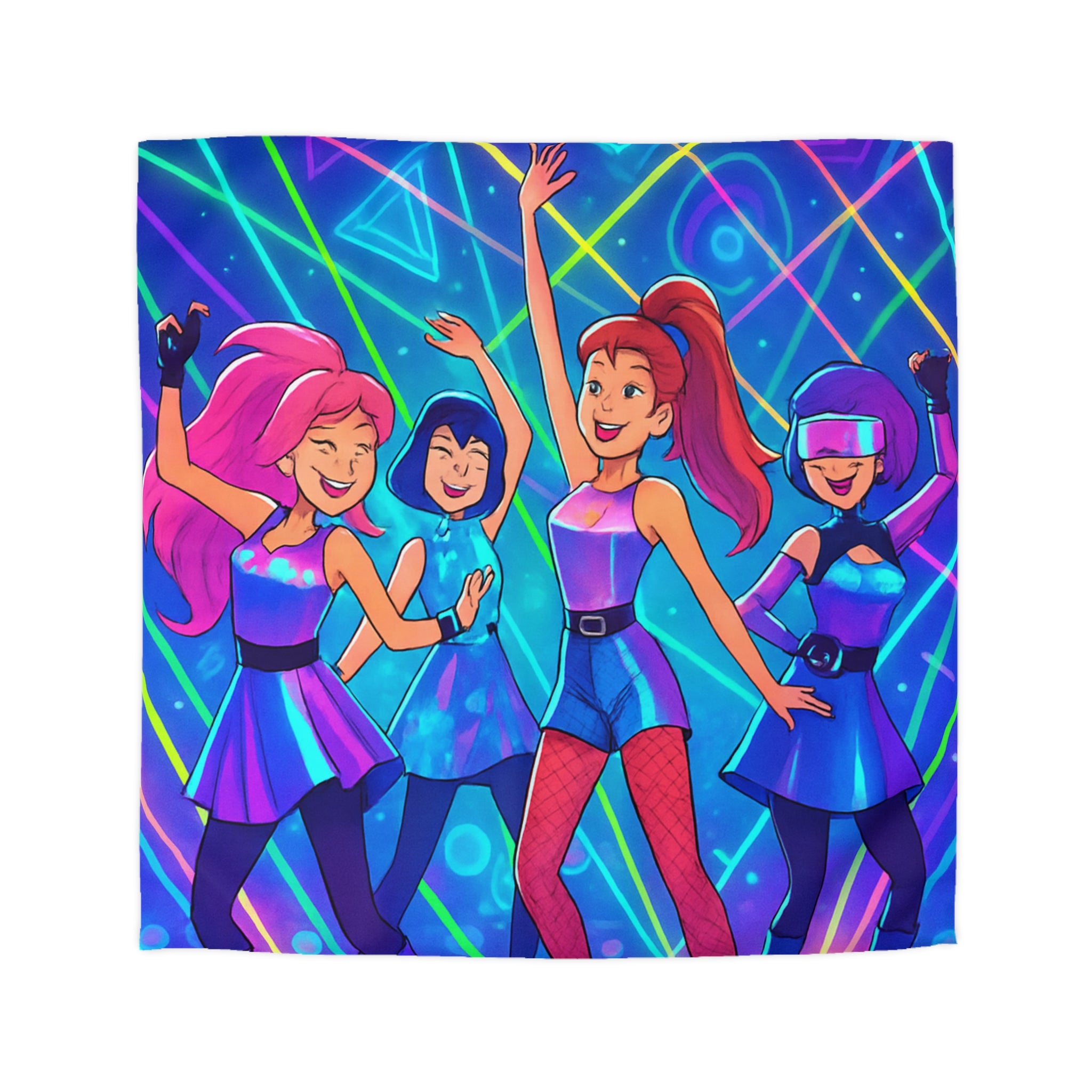 Housse de couette techno disco avec danseuses rétro en néons et figures géométriques