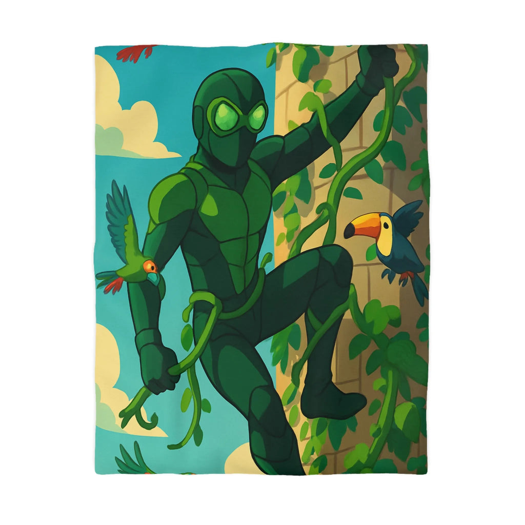 Housse de couette jungle animée avec héros vert grimpant et oiseaux colorés