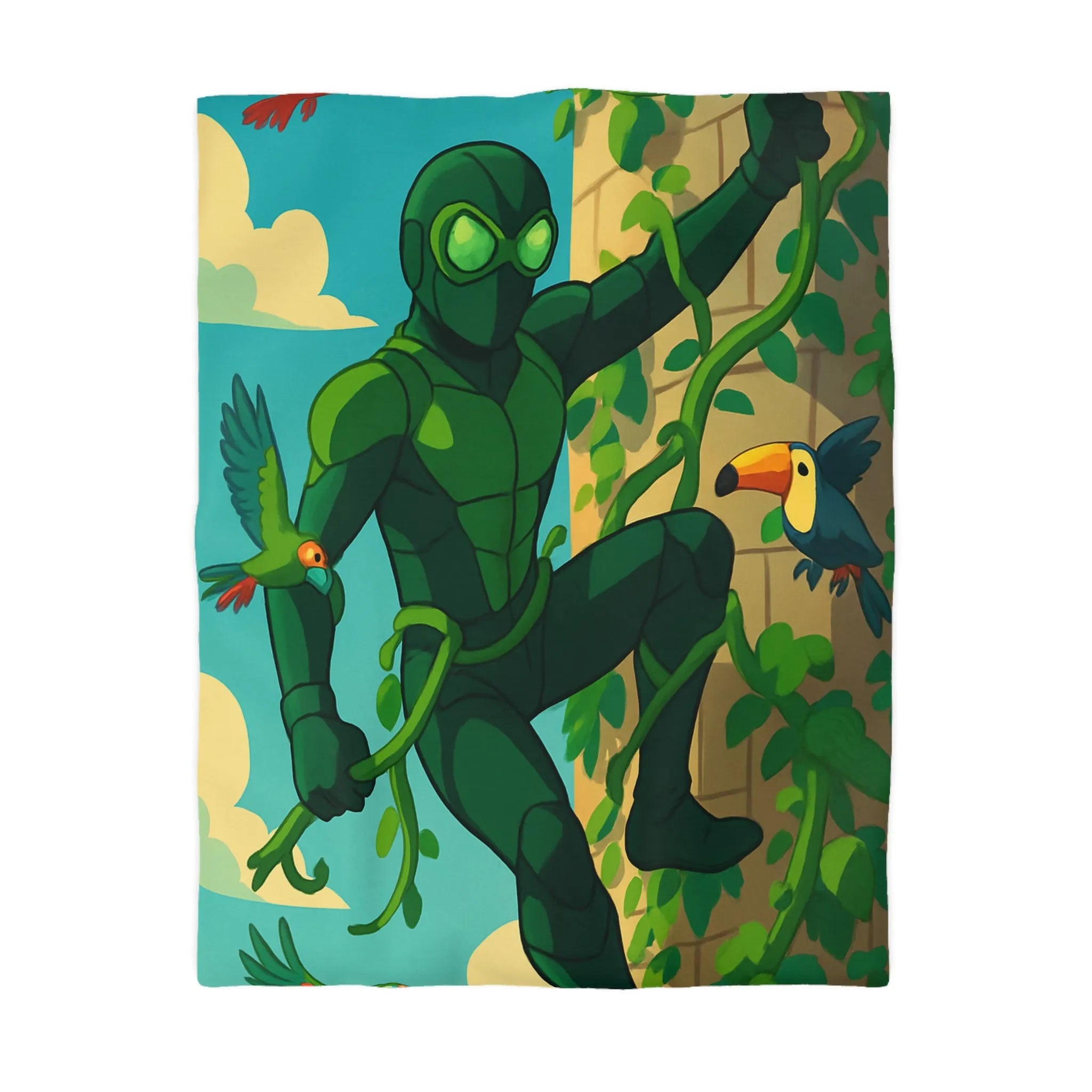 Housse de couette jungle animée avec héros vert grimpant et oiseaux colorés