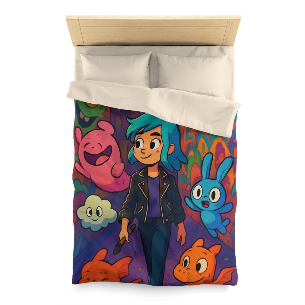 Housse de couette colorée avec personnages fantasy dans une ruelle urbaine magique