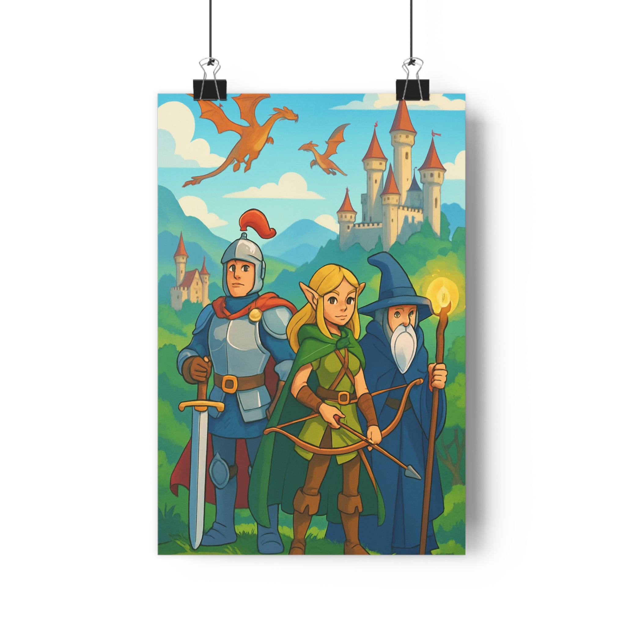 Poster décoratif fantasy anime chevalier magicien dragon château médiéval épique aventure chambre salon vibrant