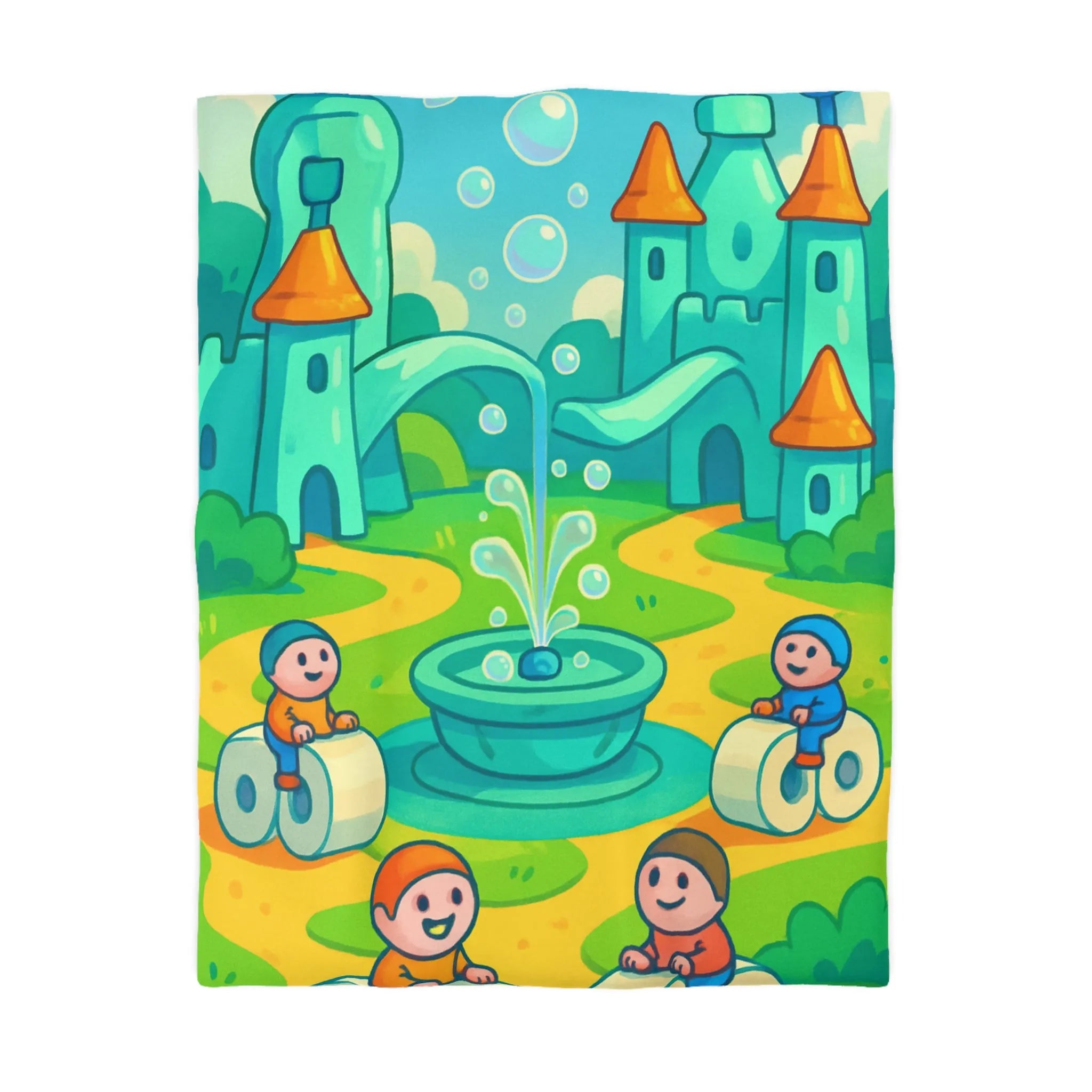 Housse de couette joyeuse avec château et enfants sur routes animées et colorées