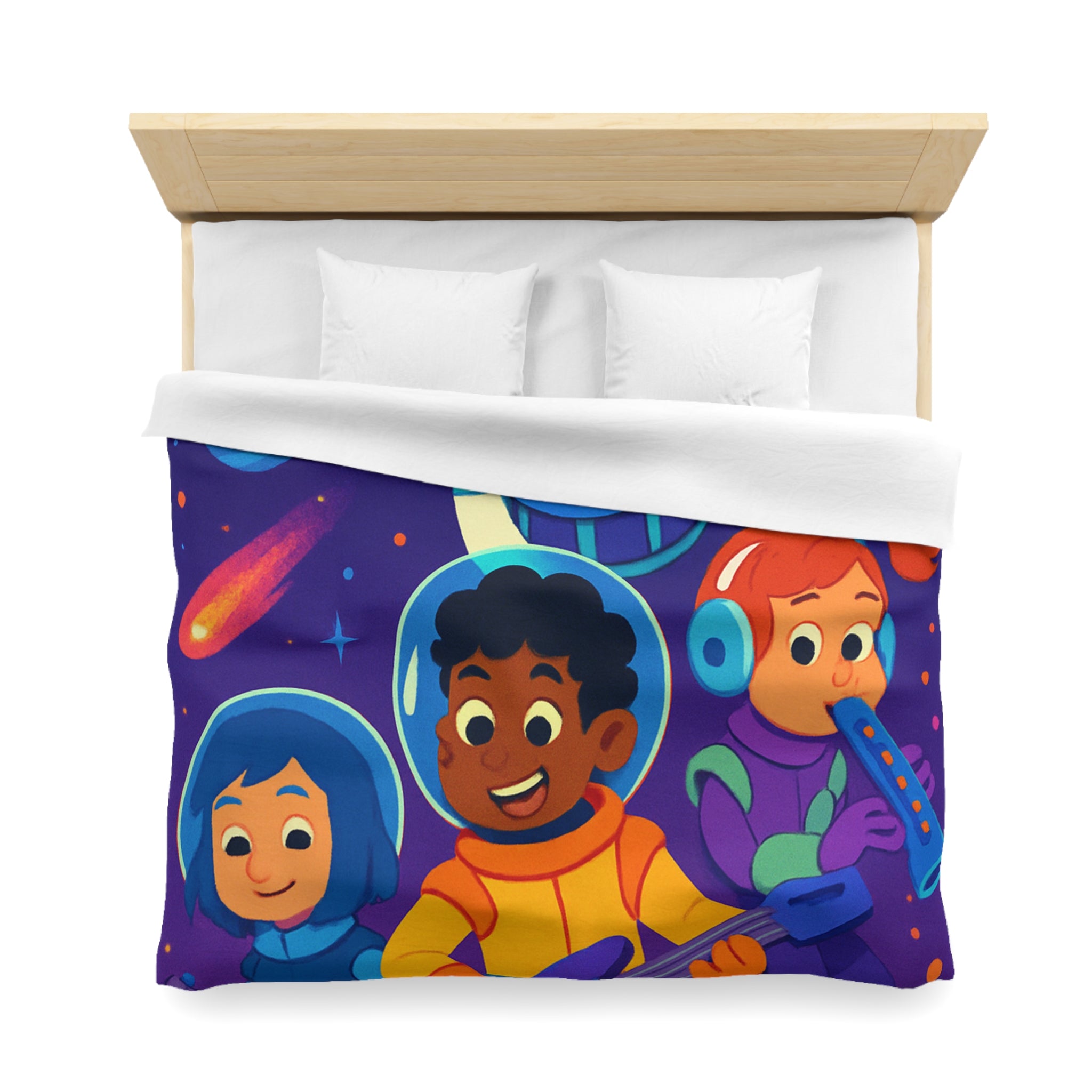 Housse de couette spatiale colorée avec enfants musiciens et planètes virevoltantes