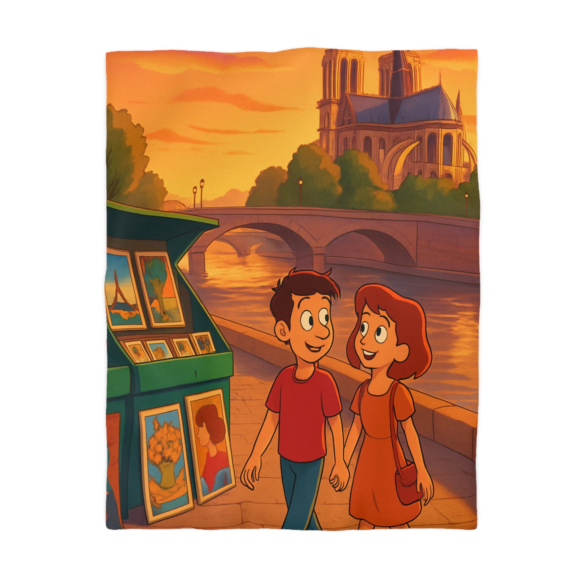 Housse de Couette Romance Parisienne Au Coucher Du Soleil Avec Vue Cathédrale