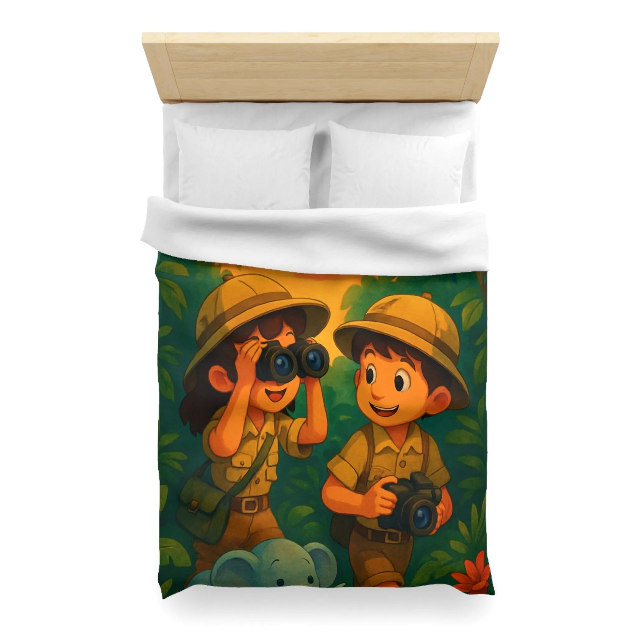 Housse de couette jungle colorée avec enfants explorateurs, perroquet et éléphant mignon