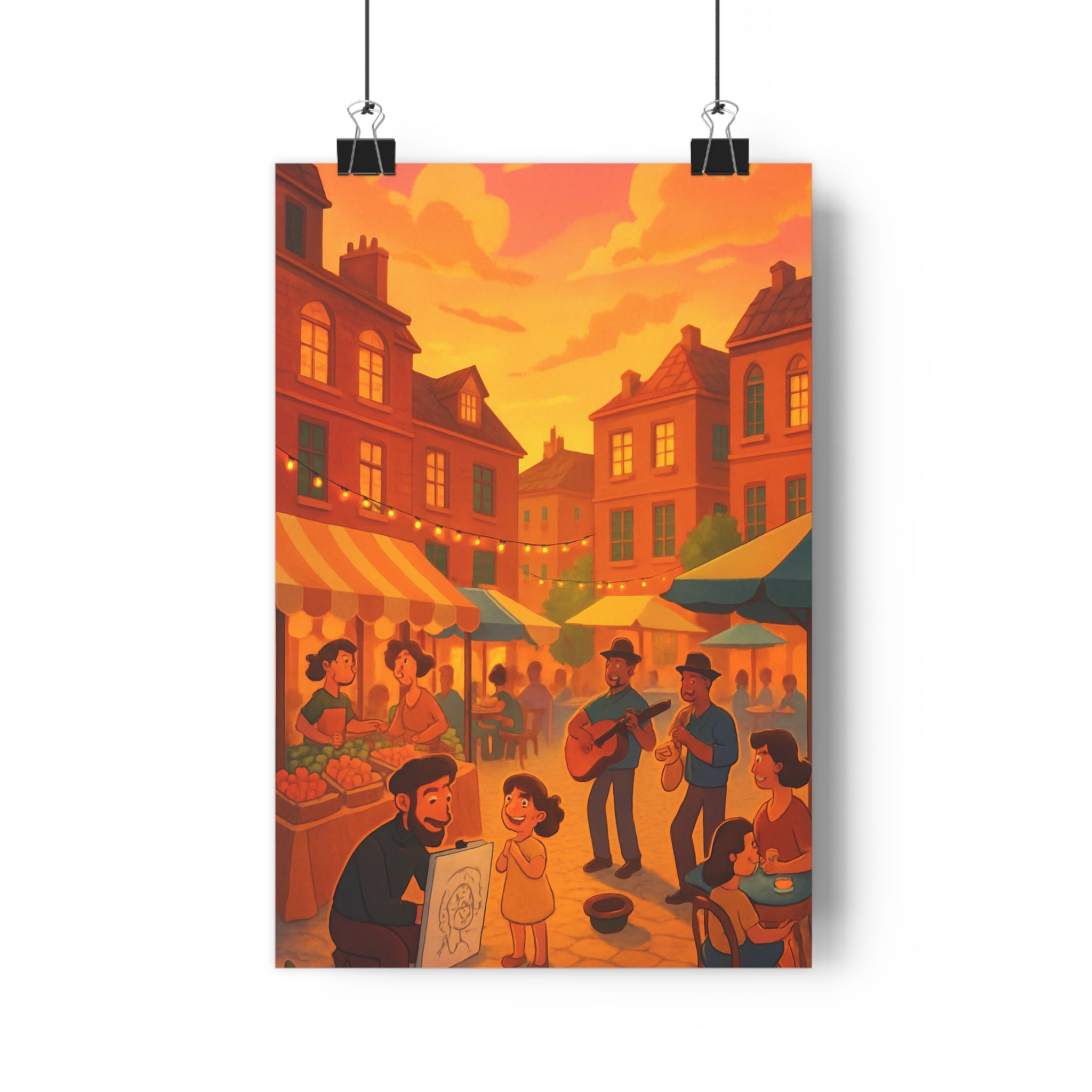 Poster décoratif animé coloré vibrant joyeux salon chambre musique guirlandes marché guitare saxophone dessin
