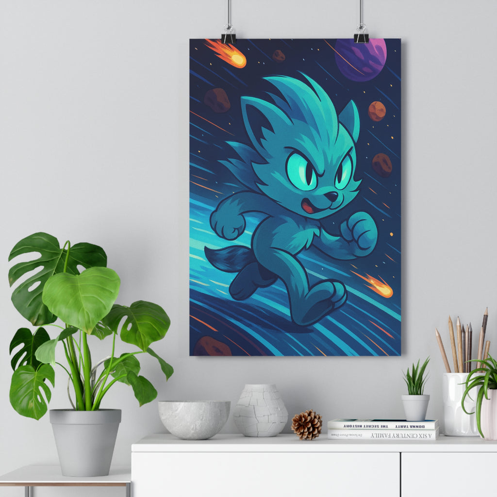 Poster décoratif cartoon bleu violet aventure créature salon chambre enfant vibrant moderne qualité dynamique